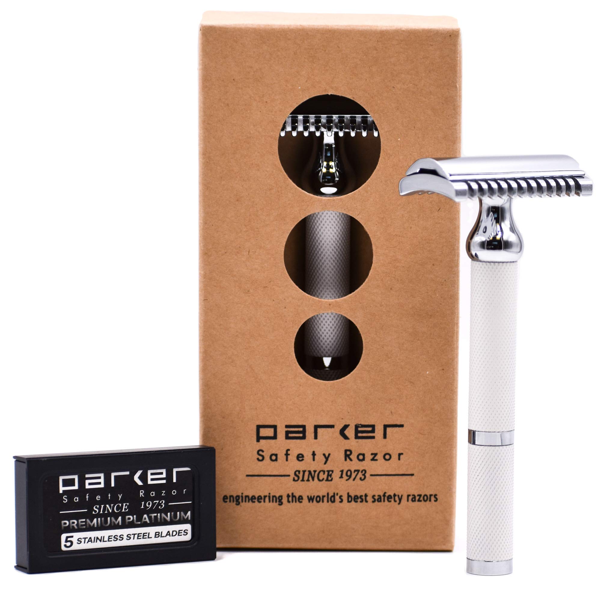 جایگزین، تیغ ایمنی دو لبه 70C از Parker Safety Razor (سفید)، طراحی دهانه باز برای حالتی نرم و راحت حلاقت، 5 تیغ ایمنی پلاتینیوم همراه، عالی برای هر دو آقایان و بانوان، امکانات جدید برای سال 2019 70C - سفید درخشان