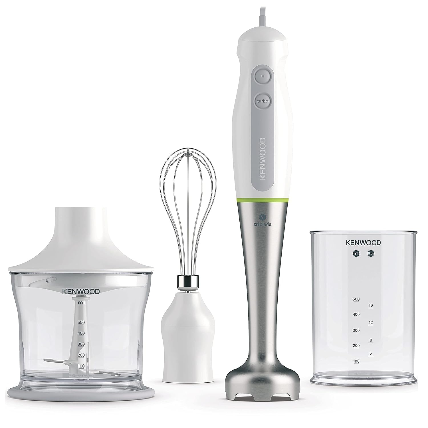 خرد کن دستی KENWOOD 600 وات با 500 میلی لیتر چاقو، 500 میلی لیتر بیکر، مخلوط کن، نوار استیل ضد زنگ، تکنولوژی تریبلید HDP109WG سفید 4 در 1 جدید - نوار فلزی