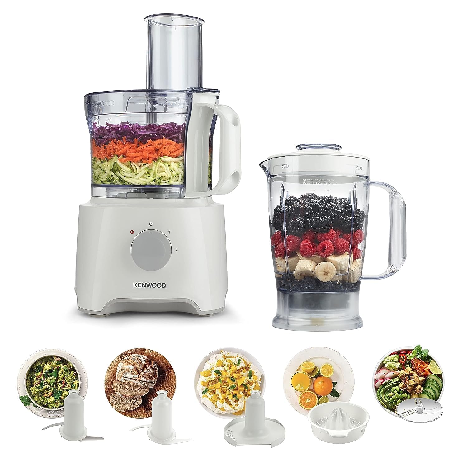 پردازنده غذای KENWOOD 800 وات چند کاره با دیسک استیل قابل تعویض، مخلوط کن، مخلوط کن، تهیه کننده تست، گوشت گوساله، آب مرکب FDP303WH سفید دارای 6 پیوستهای این مشخصات