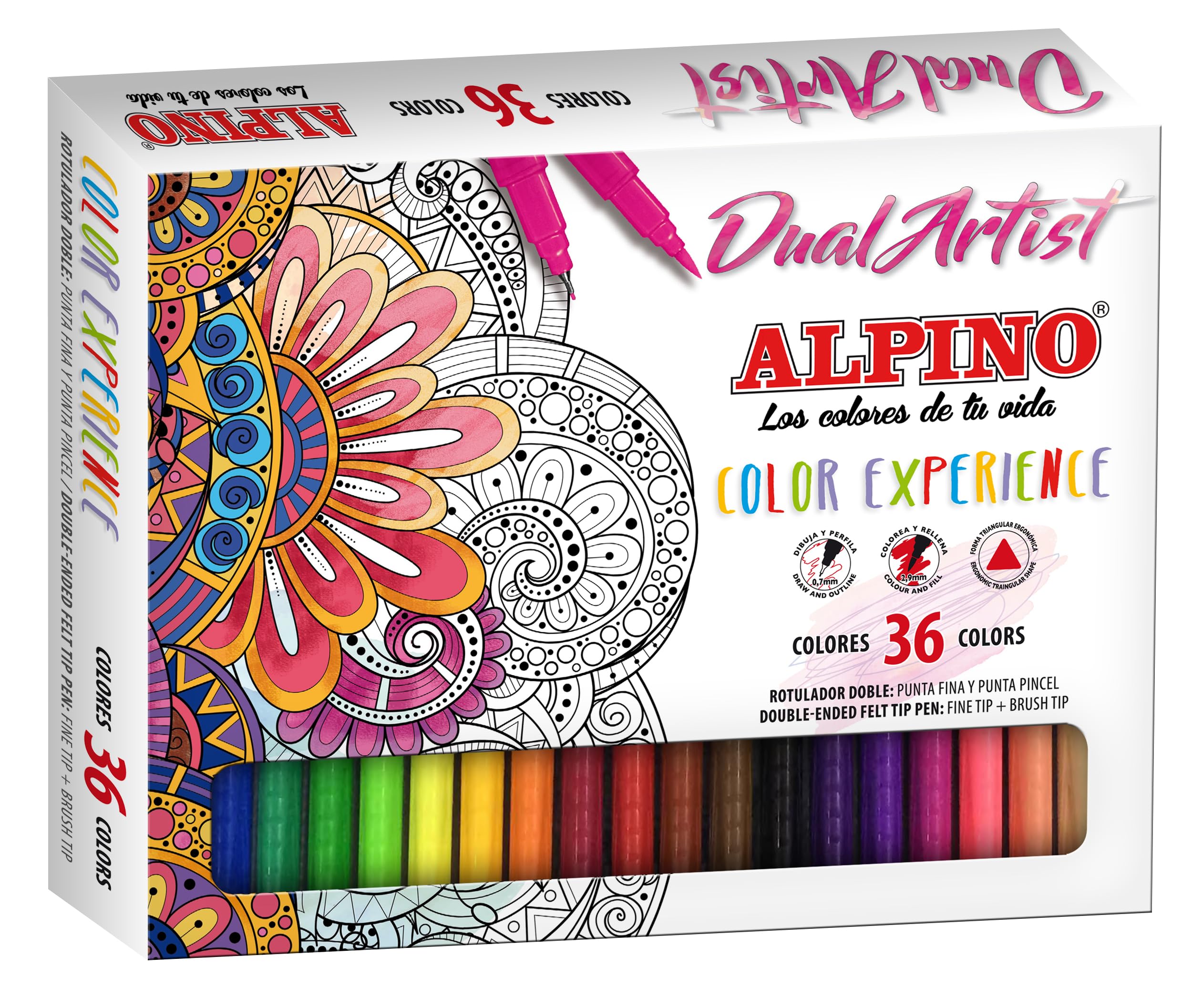 مداد‌های نقاشی دو سر Alpino | 36 رنگ | نوک مو و نوک نازک | مجموعه مداد‌های نقاشی ماندالا و حروف | بسته 36 عددی از مداد‌های دو سر
