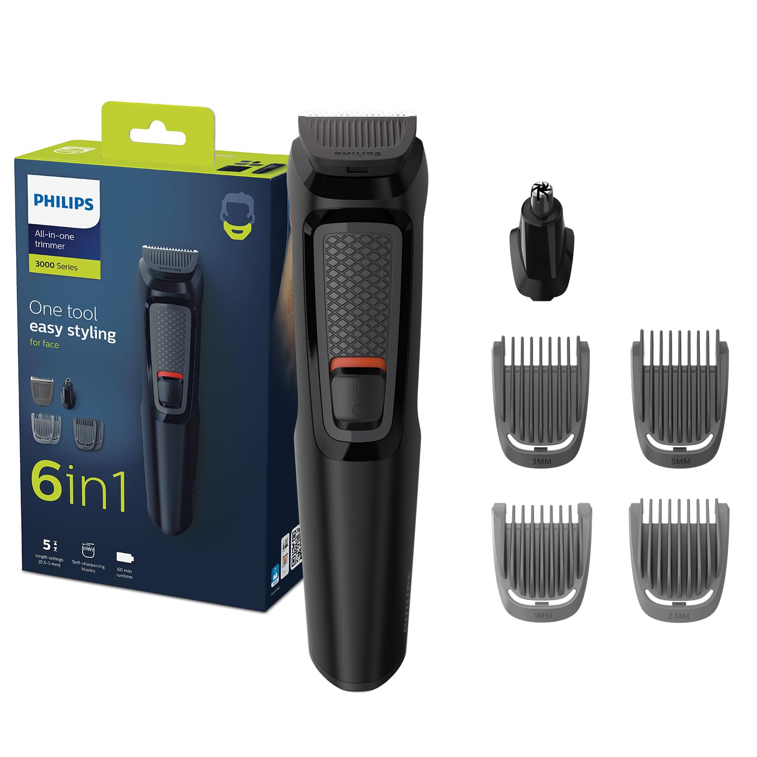 سری وسایل تنظیمی Philips Multigroom Series 3000 برای صورت، 6 در 1، برای ریش و سبیل، موی موی فرم و گوش، بی‌سیم، زمان اجرا ۶۰ دقیقه، زمان شارژ کامل ۱۶ ساعت، مدل MG3710/33، رنگ مشکی [جدید] MG3710/33، 6 در 1