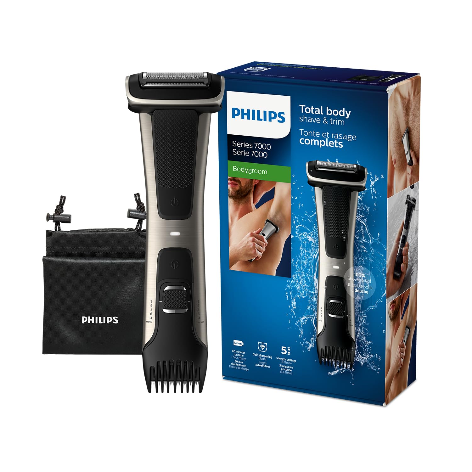 Philips Bodygroom BG7025/13 | تیغ تراش بدن مقاوم در برابر حمام و محافظ موی بدن | خمیر بدن، 5 حالت تنظیم طول | 80 دقیقه بی‌سیم، محافظت پوست BG7025/13 - سری 7000