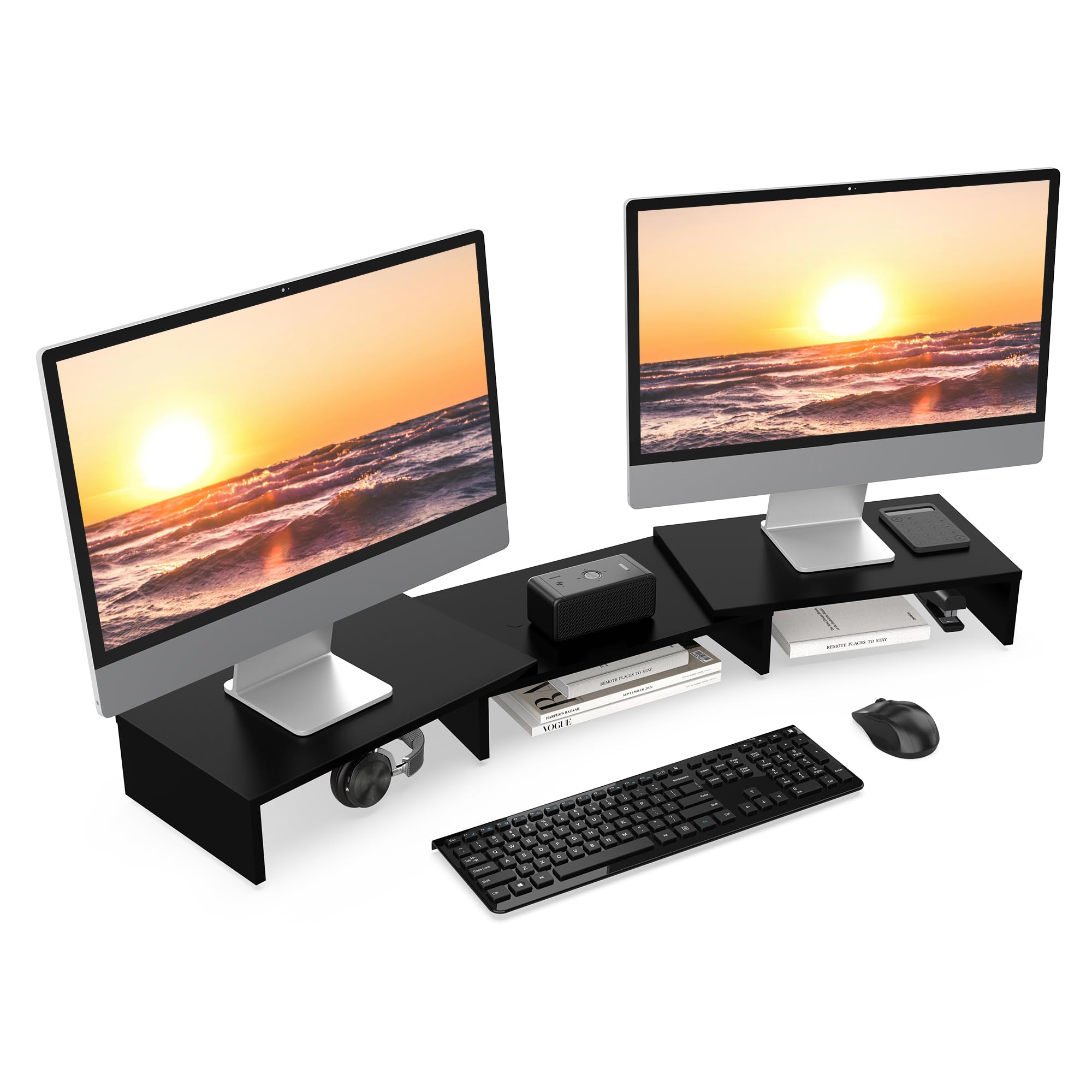 FITUEYES Dual Monitor Stand Wood PC Laptop Computer Screen Riser, 3 Shelf Swivel Length Adjustable, Office Supplies Desk Organzier, Max Load 25kg, Black