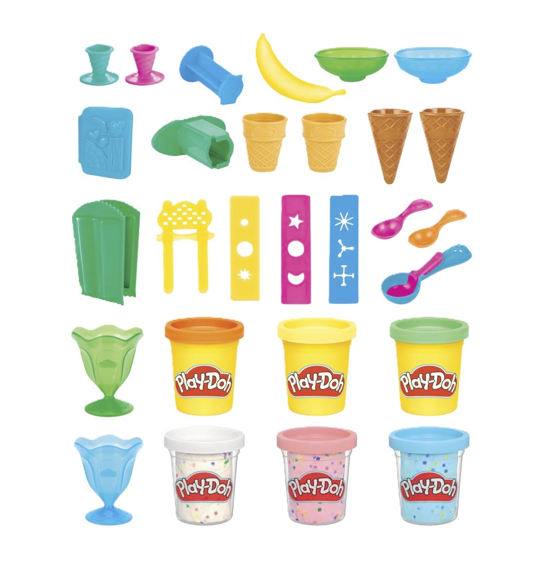 مجموعه بازی Play-Doh Kitchen Creations Ice Cream Party، شامل 22 ابزار و 6 رنگ، بانکهای 2-Ounce، اسباب بازی پیش‌دبستانی، هدیه‌های کریسمس برای دختران و پسران، بخاری‌های +3 (این نسخه از آمازون) مجموعه بازی بستنی Ice Cream Party
