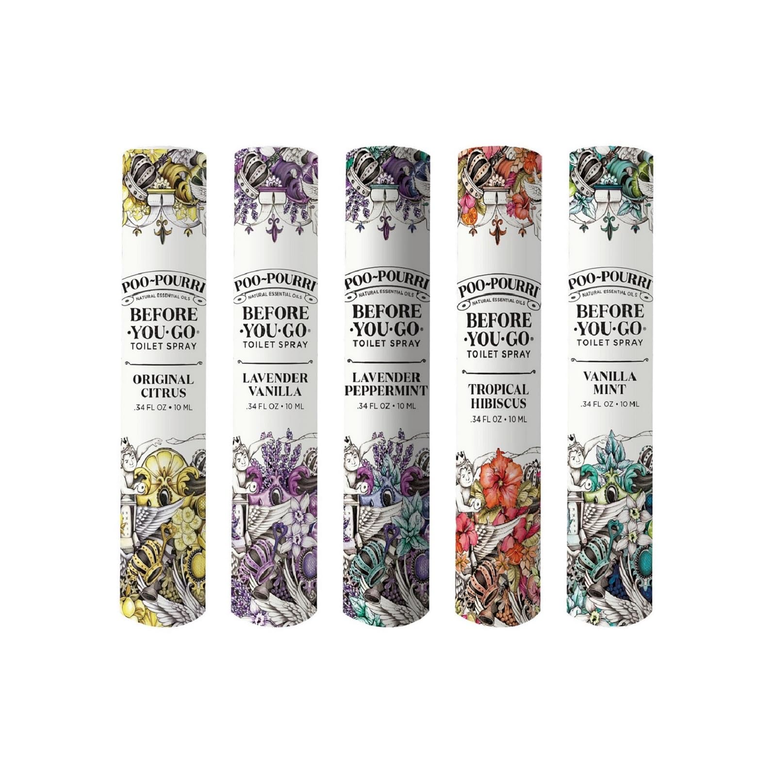 اسپری توالت Poo-Pourri Before-You-Go، در بسته‌بندی رویه، اندازه سفر متنوع ۱۰ میلی‌لیتر - ادویه‌ای اصلی، لاوندر وانیل، هیبیسکوس استوایی، نعنای وانیل و لاوندر نعنای داره‌شما