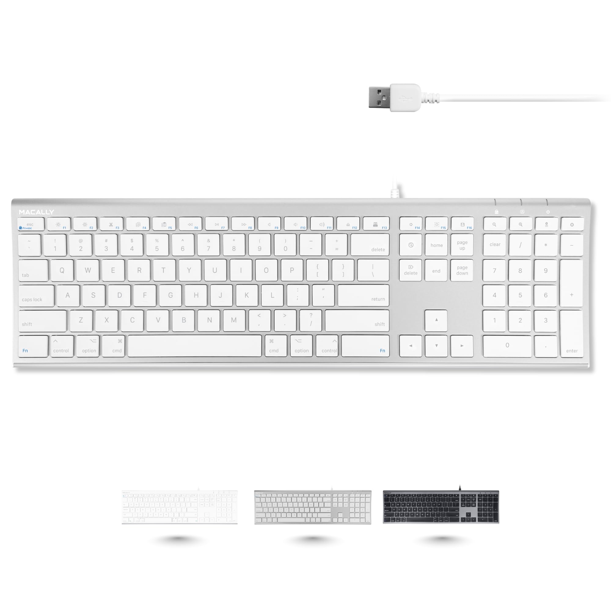 کیبورد کامپیوتر باسیم بسیار نازک Macally Ultra-Slim برای اپل مک‌بوک پرو/ایر، آیمک، مک مینی، مک پرو، لپتاپ‌ها/دسکتاپ‌های ویندوز و نوت‌بوک‌ها | پلاگ اند پلی - بدون نیاز به درایور | پایان نقره‌ای (ACEKEYA) - سایز کامل (USB) - آلومینیوم