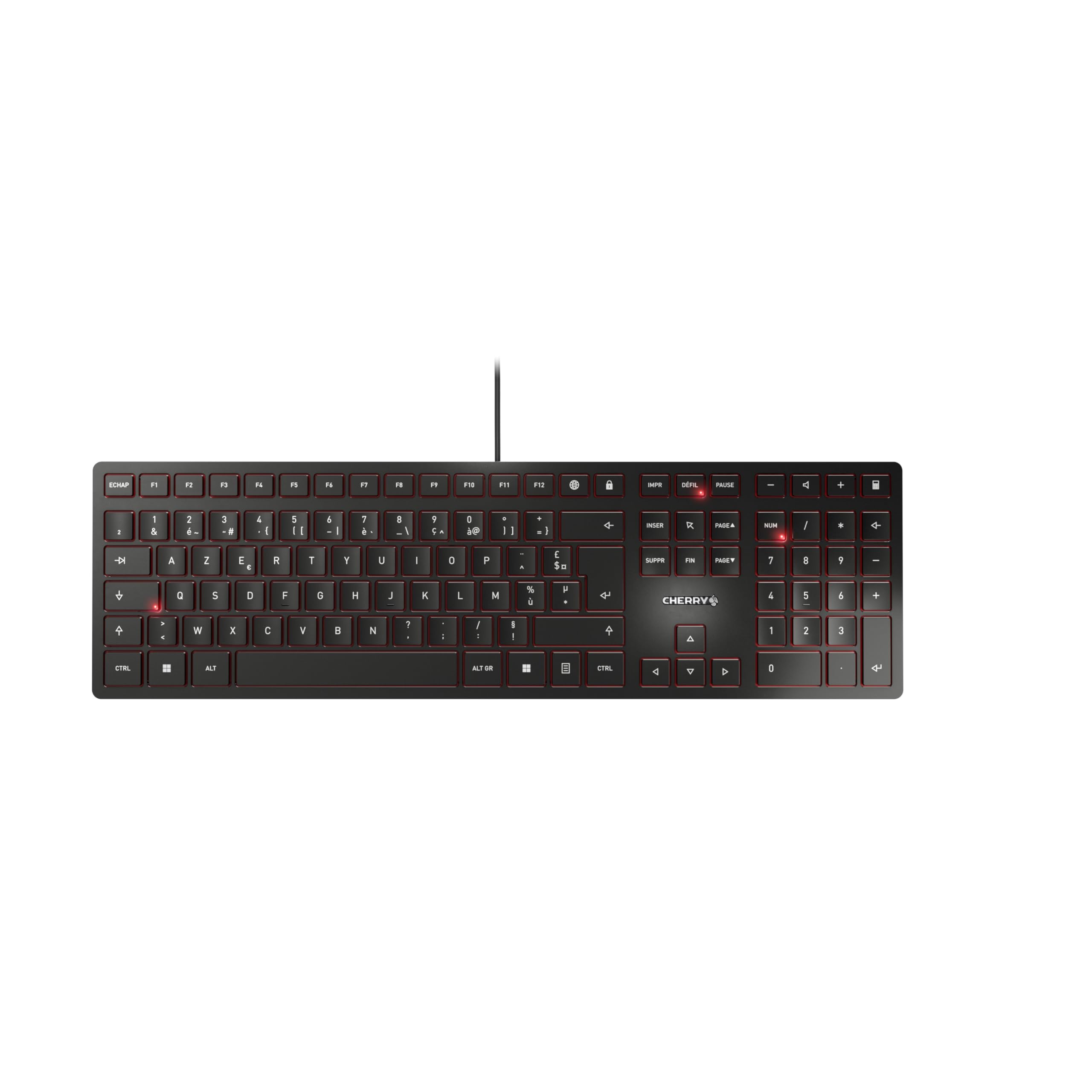 کیبرد Cherry KC 6000 SLIM با طراحی بسیار نازک، مخصوص زبان فرانسه (AZERTY)، باسیم (به پورت USB-A)، کلیدهای ساکت، برچسب‌گذاری کلیدها با دوام، رنگ مشکی با طراحی فرانسوی - AZERTY مشکی