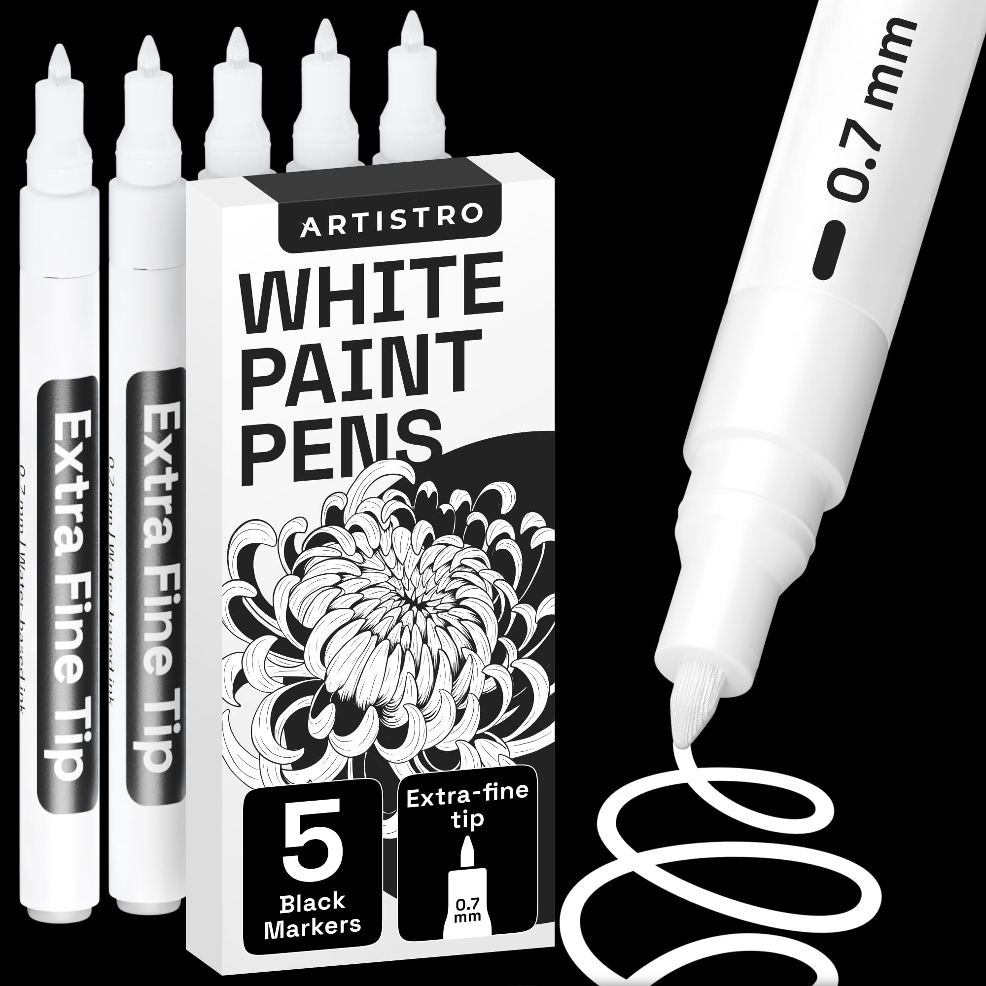 ARTISTRO White Paint Pen for Rock Painting, Stone, Ceramic, Glass, Wood, Tire, Fabric, Metal, Canvas. Set of 5 Acrylic Paint White Marker Water-based Extra-fine Tip