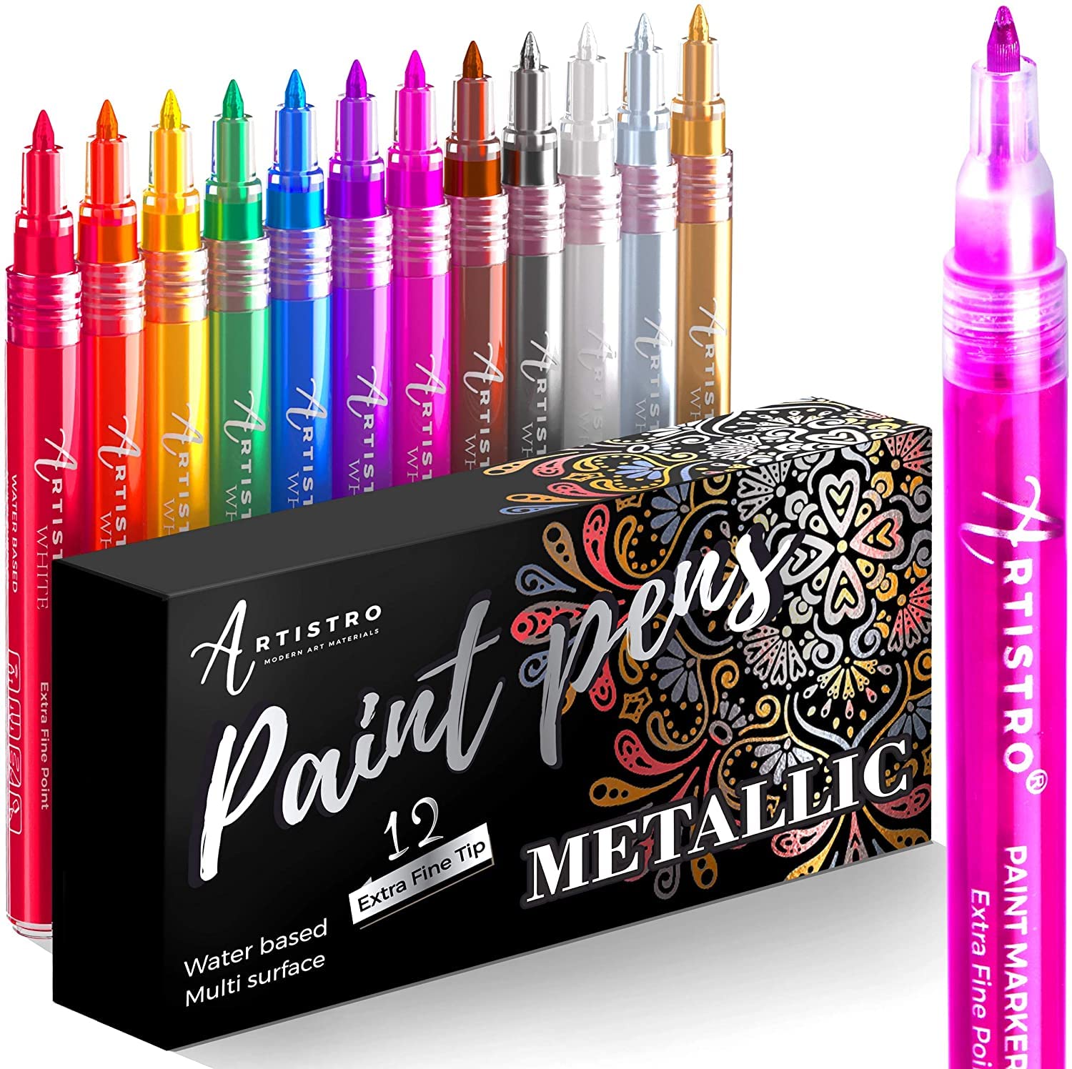 مداد‌های رنگ‌آمیزی Metallic ARTISTRO برای نقاشی روی سنگ، سرامیک، شیشه، چوب، پارچه، سنگ‌ها، دفترچه‌های خاطره، آلبوم‌های عکس، کارت‌های مخصوص. مجموعه‌ای 12 تایی از نشانگرهای رنگ‌آکریلیک نوک بسیار باریک 0.7 میلی‌متری 12 رنگ متالیک