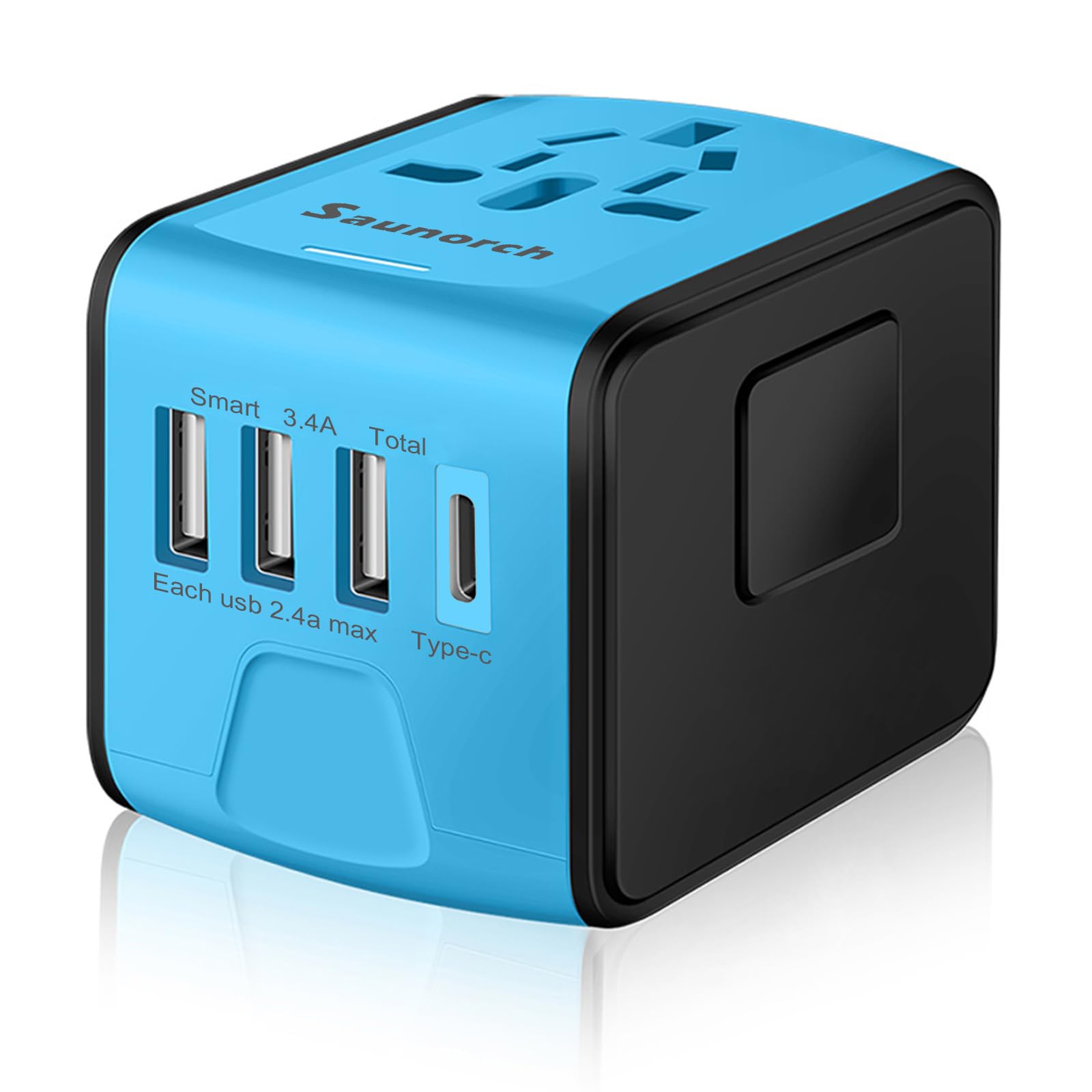 مبدل برق جهانی استاندارد SAUNORCH با شارژر دیواری USB-A با سرعت بالا 2.4A ، USB-C 3.0A ، مبدل اروپا ، آداپتور پریز AC جهانی برای اروپا ، انگلیس ، ایالات متحده آمریکا ، آسیا - رنگ آبی (3A + 1C) آبی