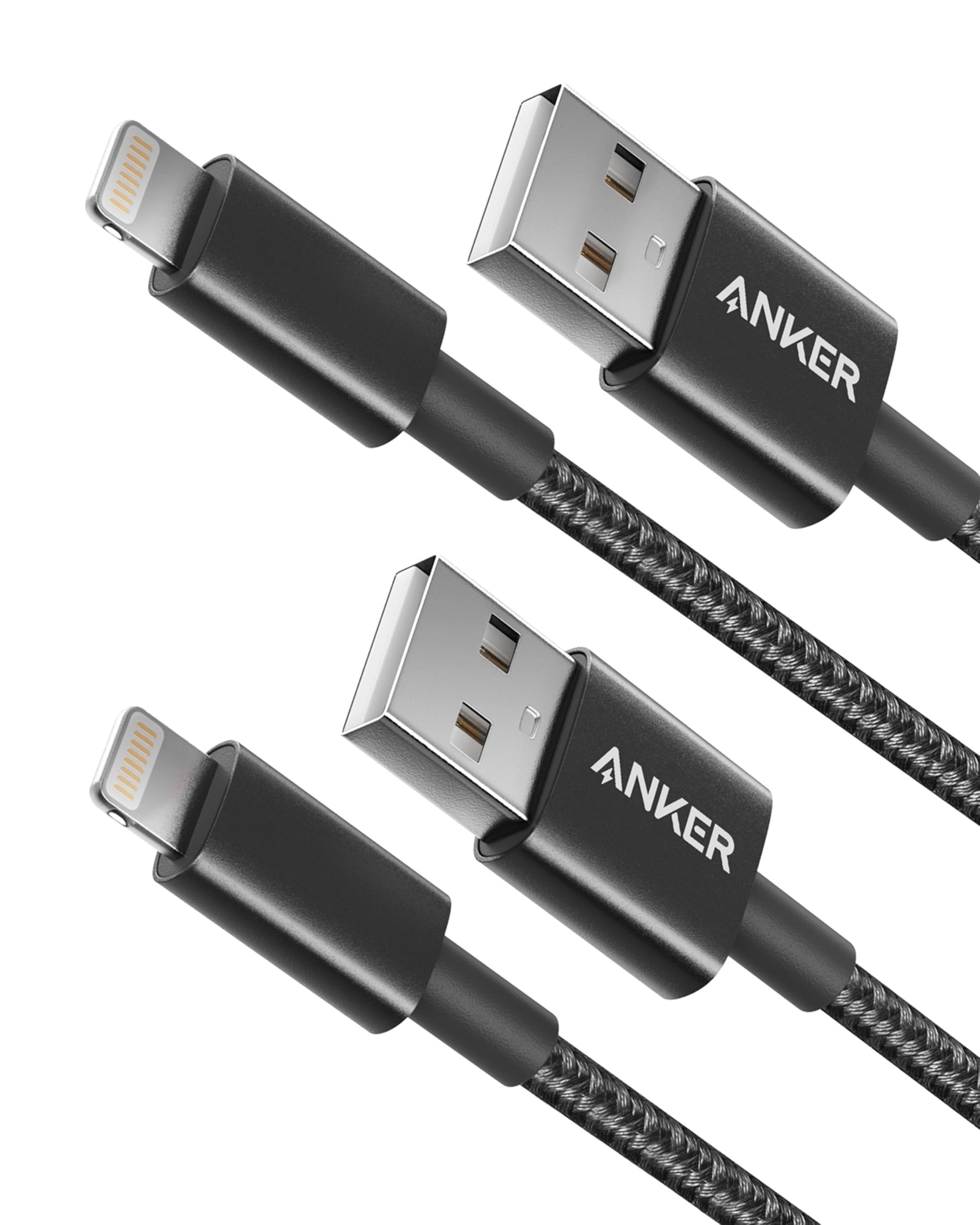 کابل لایتنینگ نایلونی 6 فوتی Anker Apple MFi Certified برای شارژرهای آیفون، آیفون 14/14 پرو/14 پرو مکس/13/12/11/X/XS مکس/XR/8/8 پلاس/7/7 پلاس/6/6 پلاس، آیپد پرو ، ایر 2، و موارد دیگر (مشکی) - بسته ۲ عددی