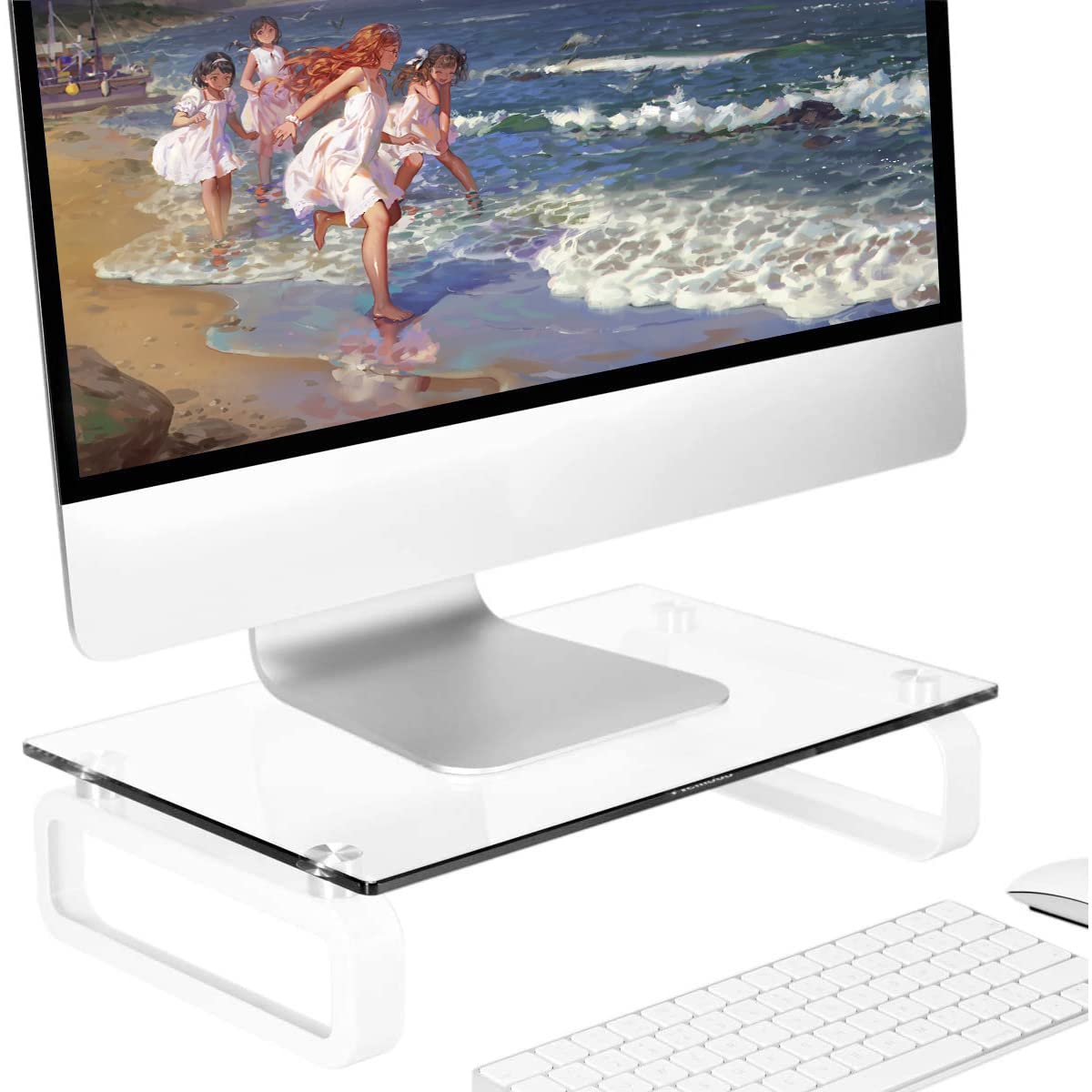 ارتقاء دهنده صفحه نمایش Hemudu Clear Computer Monitor Stand Riser Multi Media Desktop Stand for Flat Screen LCD LED TV, Laptop/Notebook, با شیشه تمبر شده و پایه های فلزی, HD02T-001P سفید
