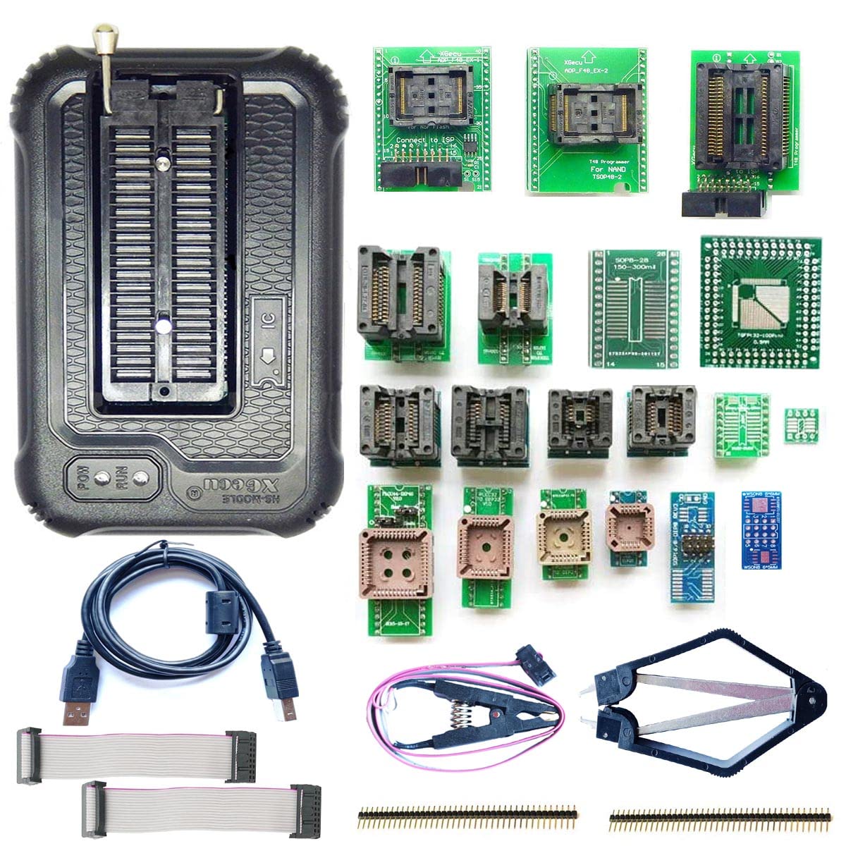 برنامه‌نویس USB SETCTOP TL866II Plus + آداپتور 24 پین + کلیپ SOP8 + فلش NAND 1.8 ولت 24 93 25 + میکروکنترلر + BIOS + پروم AVR