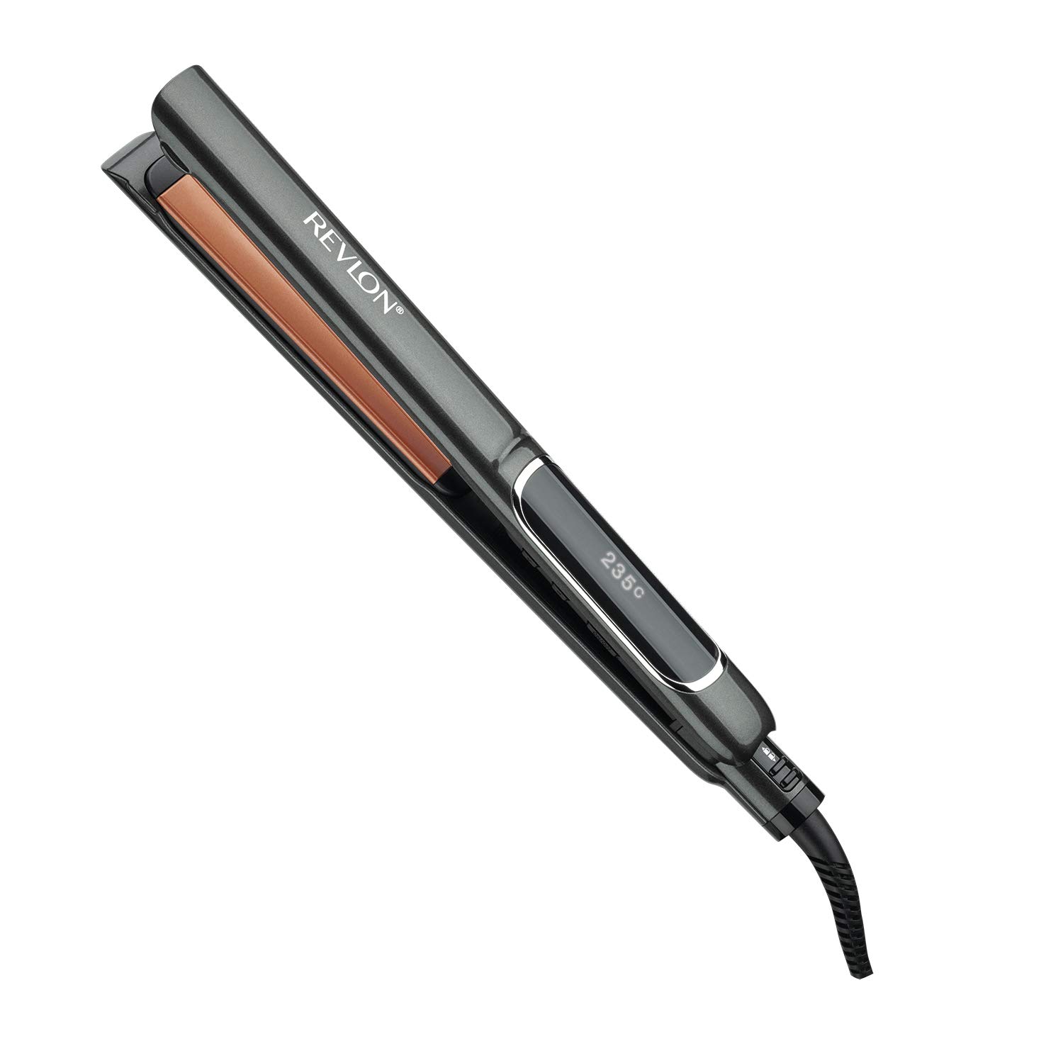 Hair Straightener Revlon RVST2155 با حرارت کامل مسی 25 میلی‌متر، ایرون سرامیکی براق، 30 تنظیم صفحه LCD RVST2155، صفحه تک‌تیره