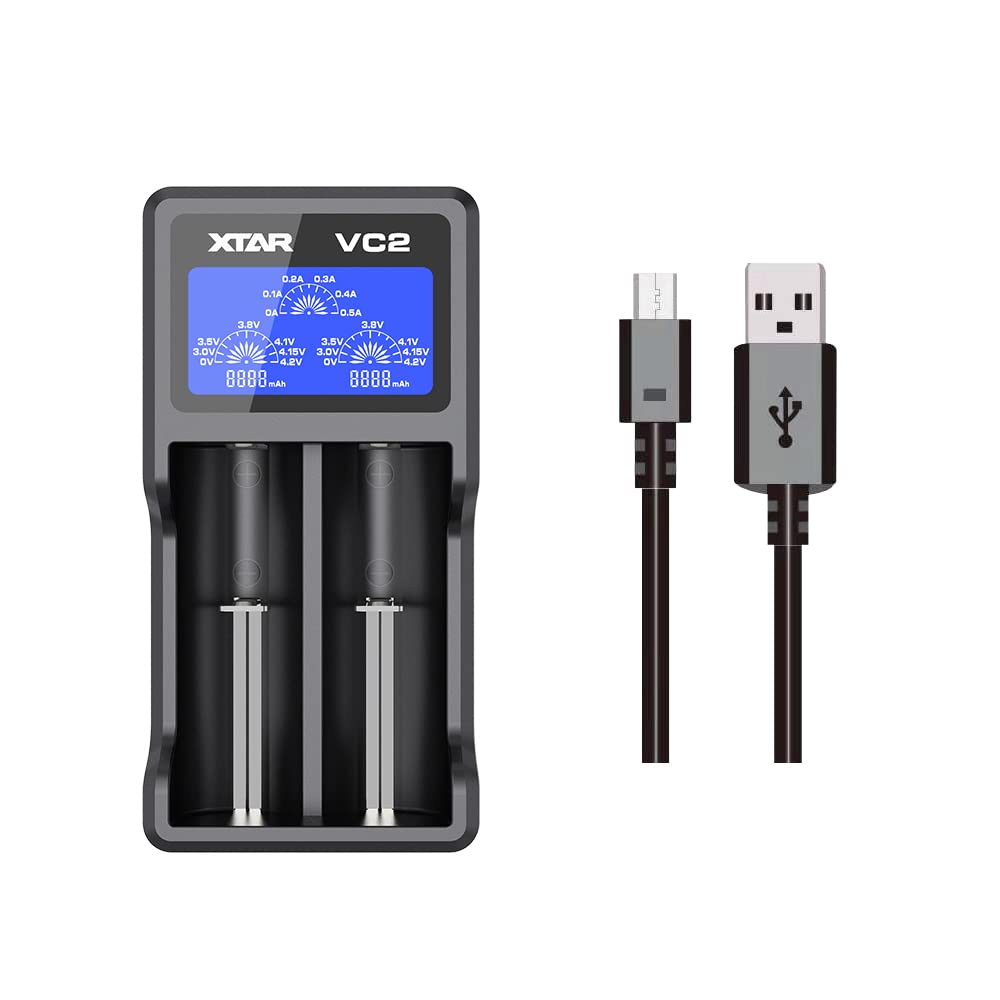 شارژر USB پریمیوم XTAR Vc2 با صفحه نمایش LCD برای باتری‌های لیتیوم-یون/ایمر/آین‌آر/آی‌سی‌آر 3.6 ولت/3.7 ولت مدل‌های 10440، 14500، 14650، 16340، 17335، 17500، 17670، 18350، 18490، 18500، 18650، 18700، 20700، 21700، 22650، 25500، 26650 را شارژ می‌کند.