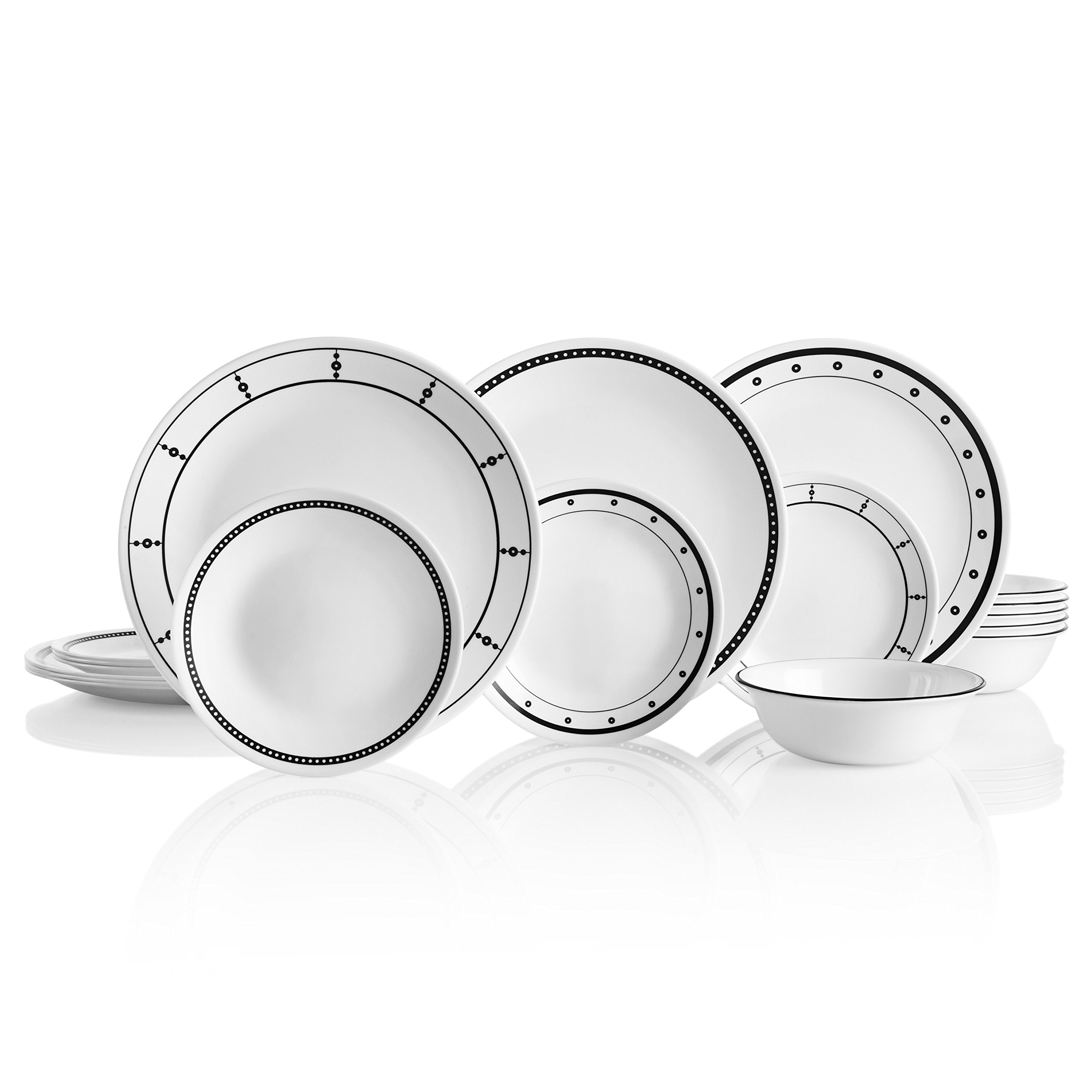 مجموعه سرویس غذا خوری کلاسیک 18 پارچه Corelle، مقاوم در برابر شکستگی، سرویس برای 6 نفر، 18 پارچه، مدل 1134500 سیاه/سفید
