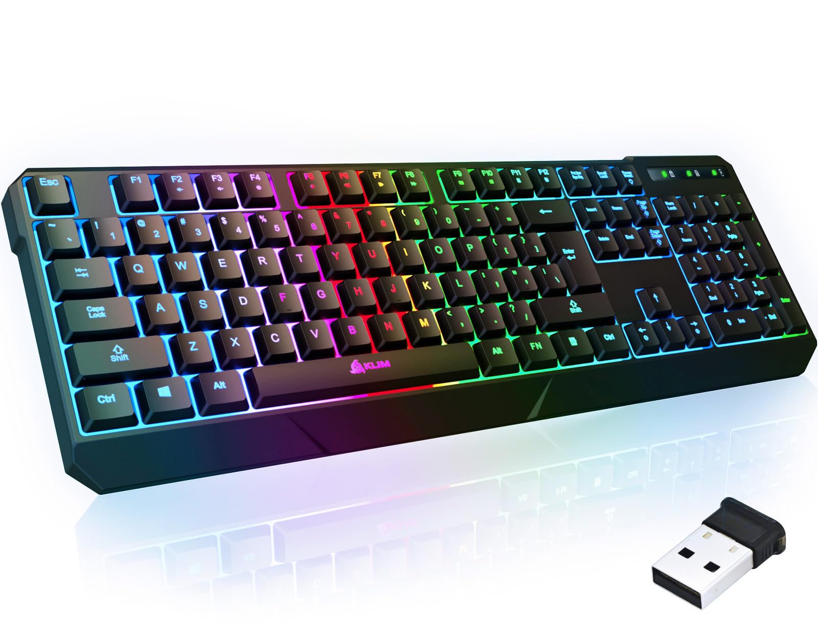 کیبورد باسیم شارژی بازی KLIM Chroma + با کیفیت بالا، مقاوم، ارگونومیک، ساکت، ضدآب، کلید‌های بی‌صدا + کیبورد بی‌سیم با نور پس زمینه برای کامپیوتر، پلی‌استیشن ۴، ایکس‌باکس وان و مک + تازه، نسخه ۲۰۲۰، رنگ مشکی