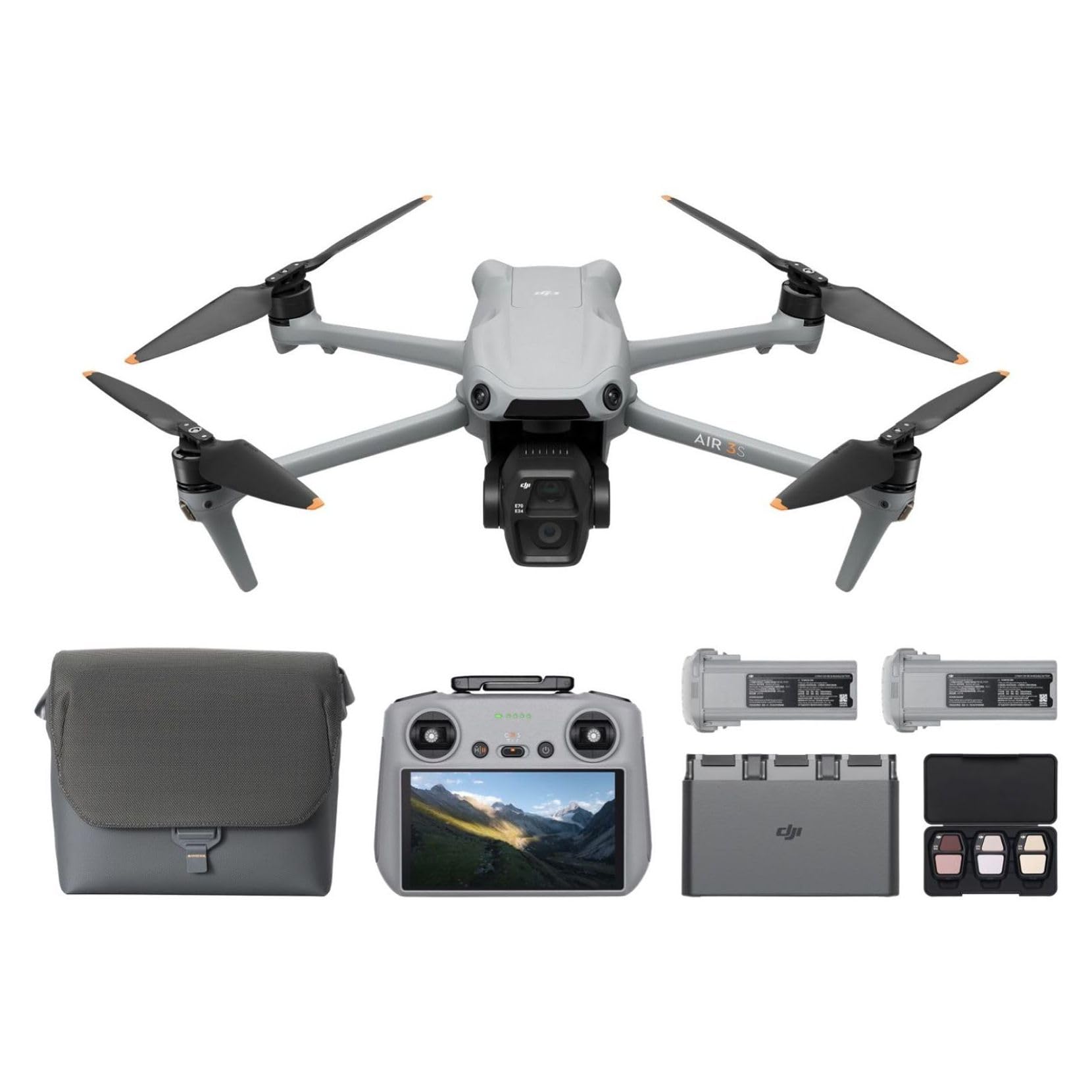 DJI Air 3S فلای مور کمبو (DJI RC 2)، با دوربین گسترده و تله وسیع CMOS 1 اینچ، 4K/60fps، حسگرهای همه جهته و 3 باطری، گواهی MOIAT - ورژن اماراتی با پشتیبانی گارانتی رسمی DJI Air 3S فلای مور کمبو (کنترلر از راه دور صفحه نمایش RC 2)