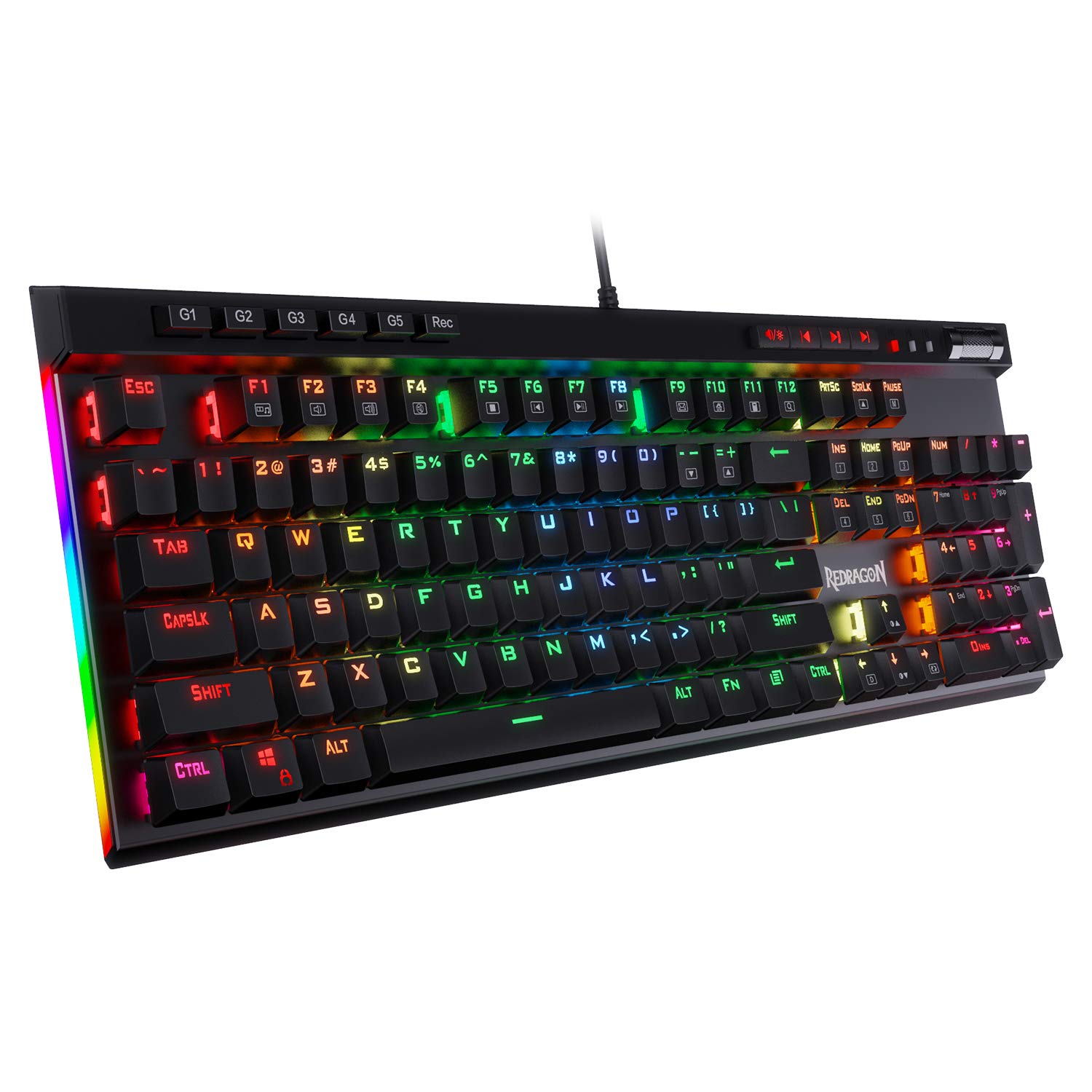 صفحه کلید بازی مکانیکی Redragon K580 VATA RGB LED Backlit با 104 کلید ضد-روح درگ ، دارای کلیدهای ماکرو و کنترلر های رسانه اختصاصی ، ضبط ماکرو درون برد (سوییچ های آبی) رنگ های مختلف