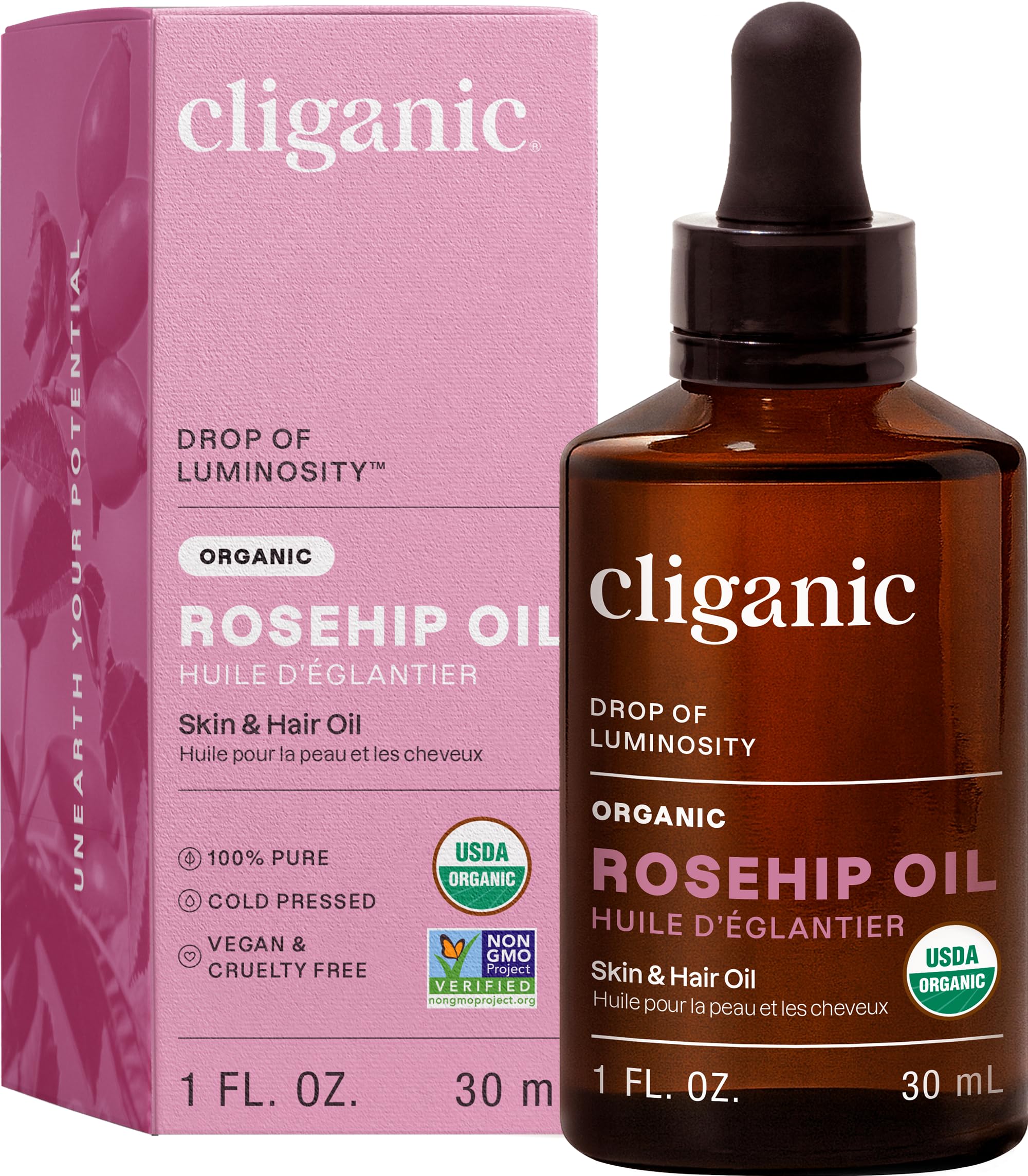 روغن بذر گل سرخ ارگانیک USDA از Cliganic برای صورت، 100٪ خالص، فشرده سرد طبیعی بدون پالایش هگزان - رایگان، روغن حامل پایه برای پوست، مو و ناخن | ارگانیک معتبر، 1 اونس | گارانتی 90 روزه Cliganic 29.57 میلی لیتر (بسته ای از 1)