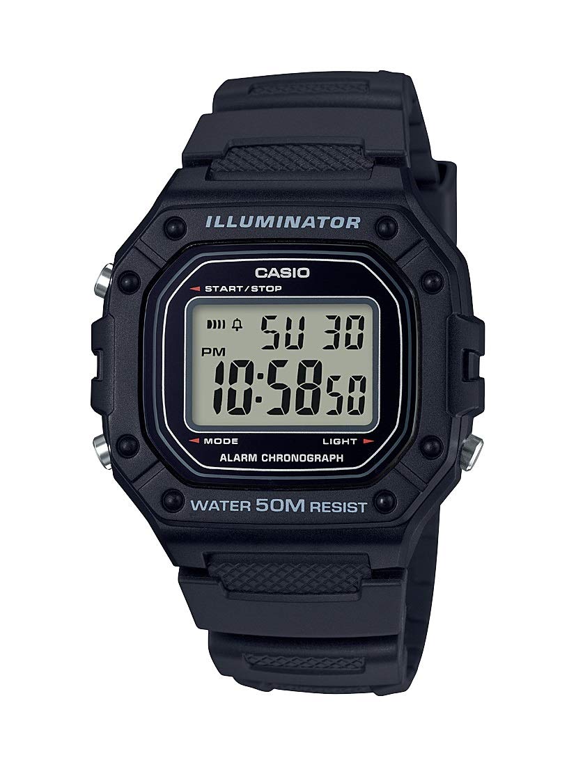 سری Casio W218H | ساعت دیجیتال مردانه | WR 50M | تایمر 1/100 ثانیه ای | کرونوگراف 100 ثانیه ای | نور پس زمینه LED | شمارش معکوس | هشدار روزانه | سیگنال زمانی هر ساعت | باطری 7 ساله دیجیتال سیاه