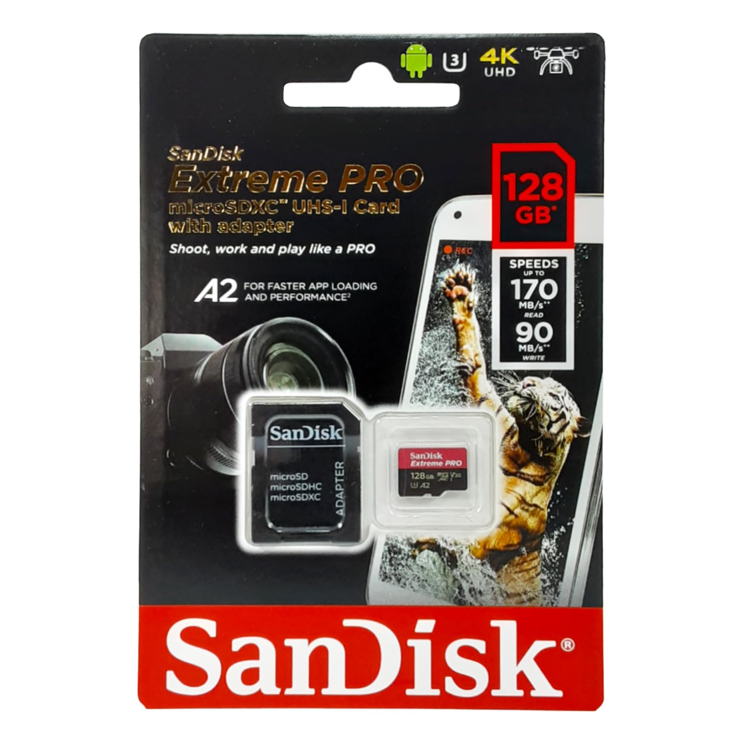 SanDisk Extreme Pro Microsdxc Uhs I Card With Adapter, 128 Gb Sdsqxcy 128G Gn6Ma, Black, 128GB microSDXC, GN6MA 170MB/s 128GB