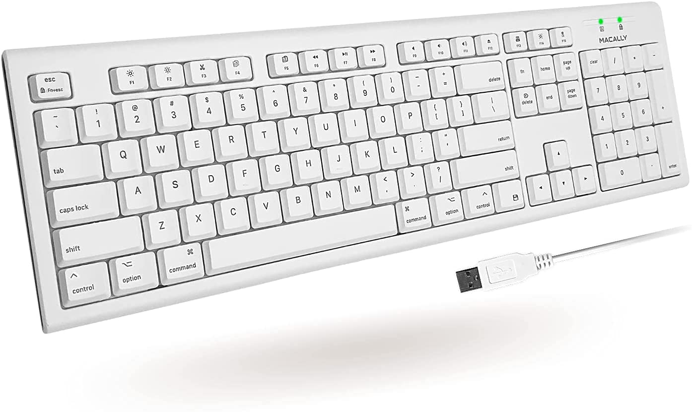 کیبرد سیمی USB تمام اندازه MacAlly برای Mac Mini/Pro، رایانه رومیزی iMac، MacBook Pro/Air رومیزی با 16 دکمه میانبر قابل استفاده از اپل، گسترده شده با کیپد عددی، کلیدهای روبری - ضد نفوذ، رنگ سفید