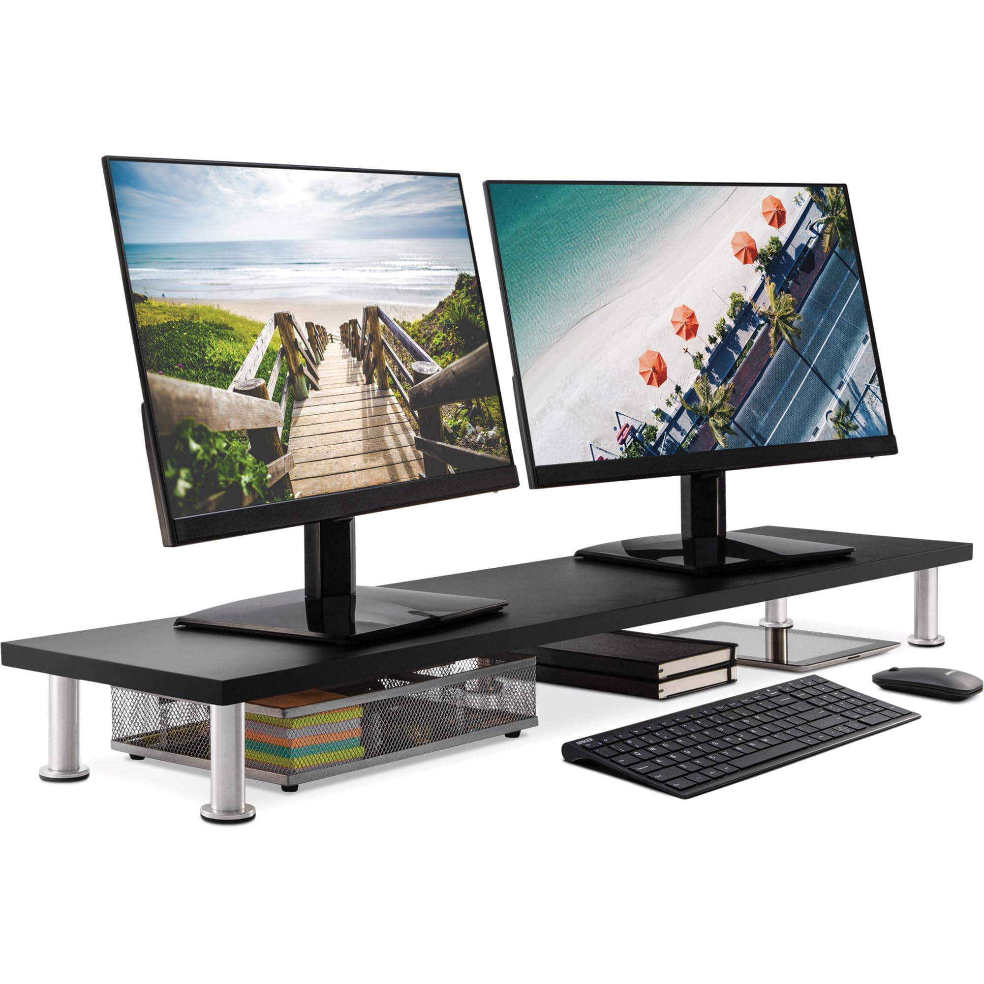 اسکنر دوگانه برای ۲ مانیتور، افزاینده بزرگ مانیتور ساخته شده از بامبو محکم، سازماندهی کامل میز رومیزی، بستر چوبی ۴۲ اینچ برای صفحه نمایش کامپیوتر، لپ تاپ یا تلویزیون، مشکی بزرگ مشکی