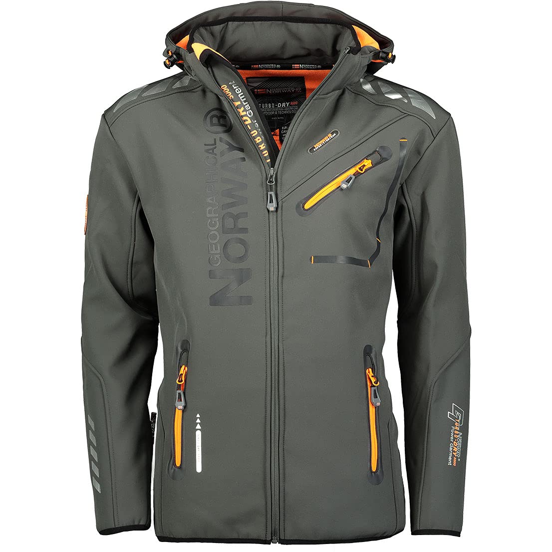 ژاکت نرم‌افزاری ضدآب با کلاه Geographical Norway Royaute Men - مردانه ‌- ژاکت با کلاه بادگیر و راحت - ژاکت تاکتیکال بادبنده در فضای باز - مناسب برای پیاده‌روی، اسکی، پاییز، زمستان و بهار - اسموکی تیره و نارنجی