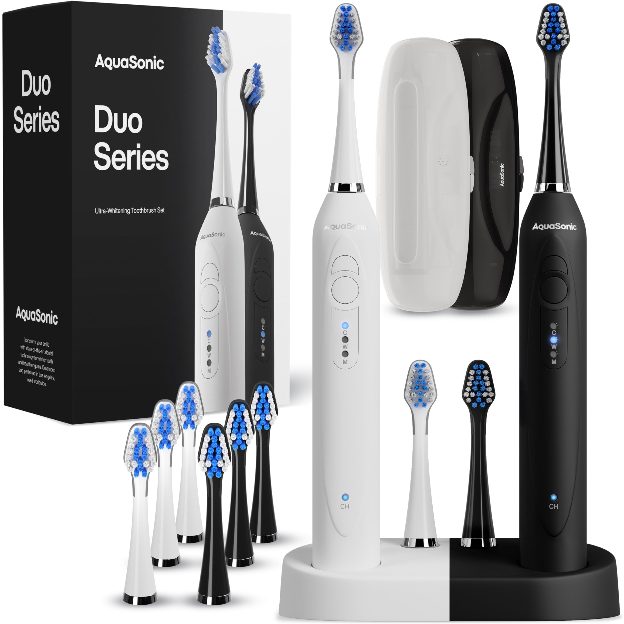 مسواک برقی بی‌سیم AquaSonic DUO دو دسته دارای 40،000 VPM وایتنینگ الترا - 3 حالت با تایمر هوشمند - 10 سر مسواک DuPont و 2 کیس سفر تودرتو ارائه شده