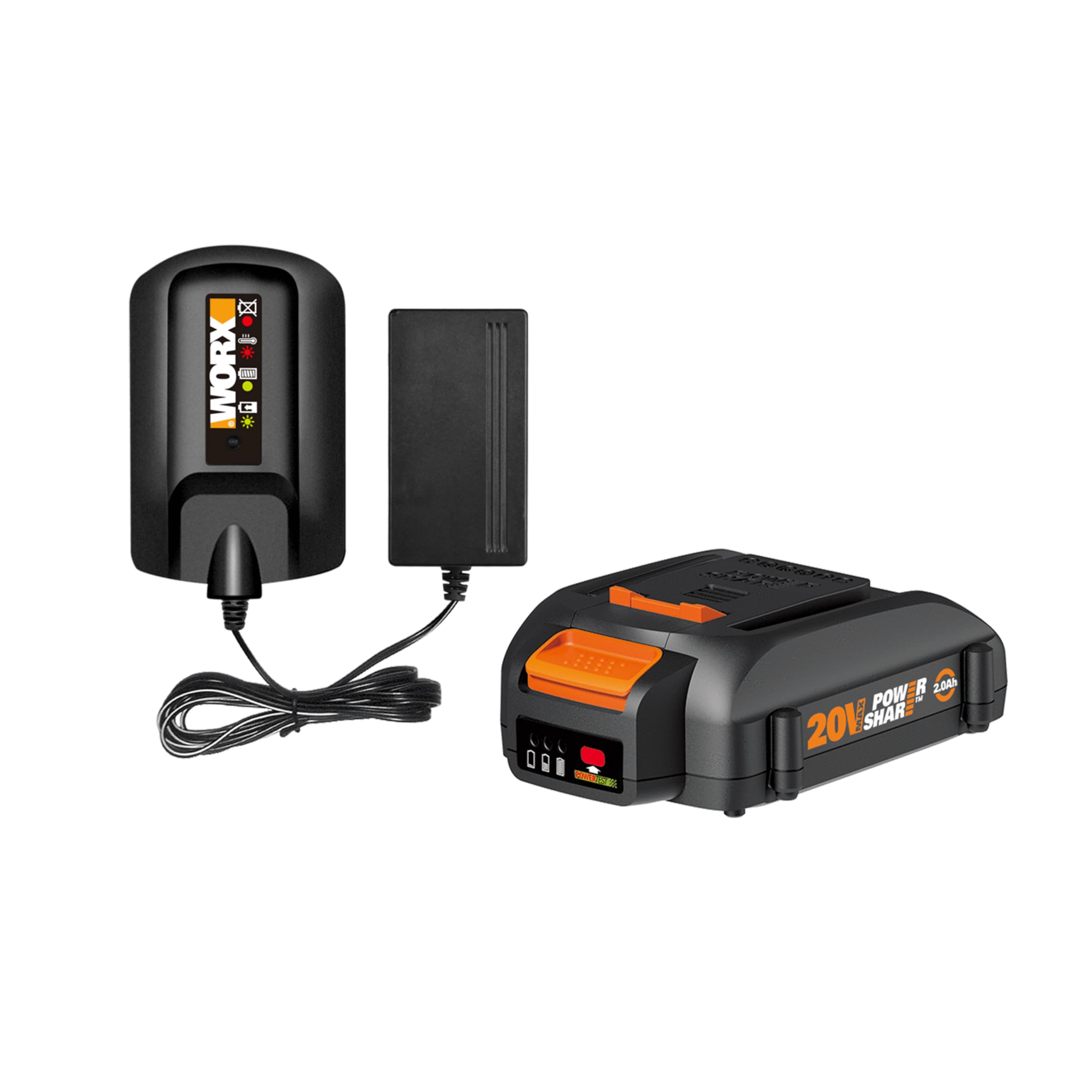 WORX WA3606، 2.0Ah، نمایشگر، زمان شارژ 5 ساعته، باتری 20 ولت و شارژر، مشکی و نارنجی