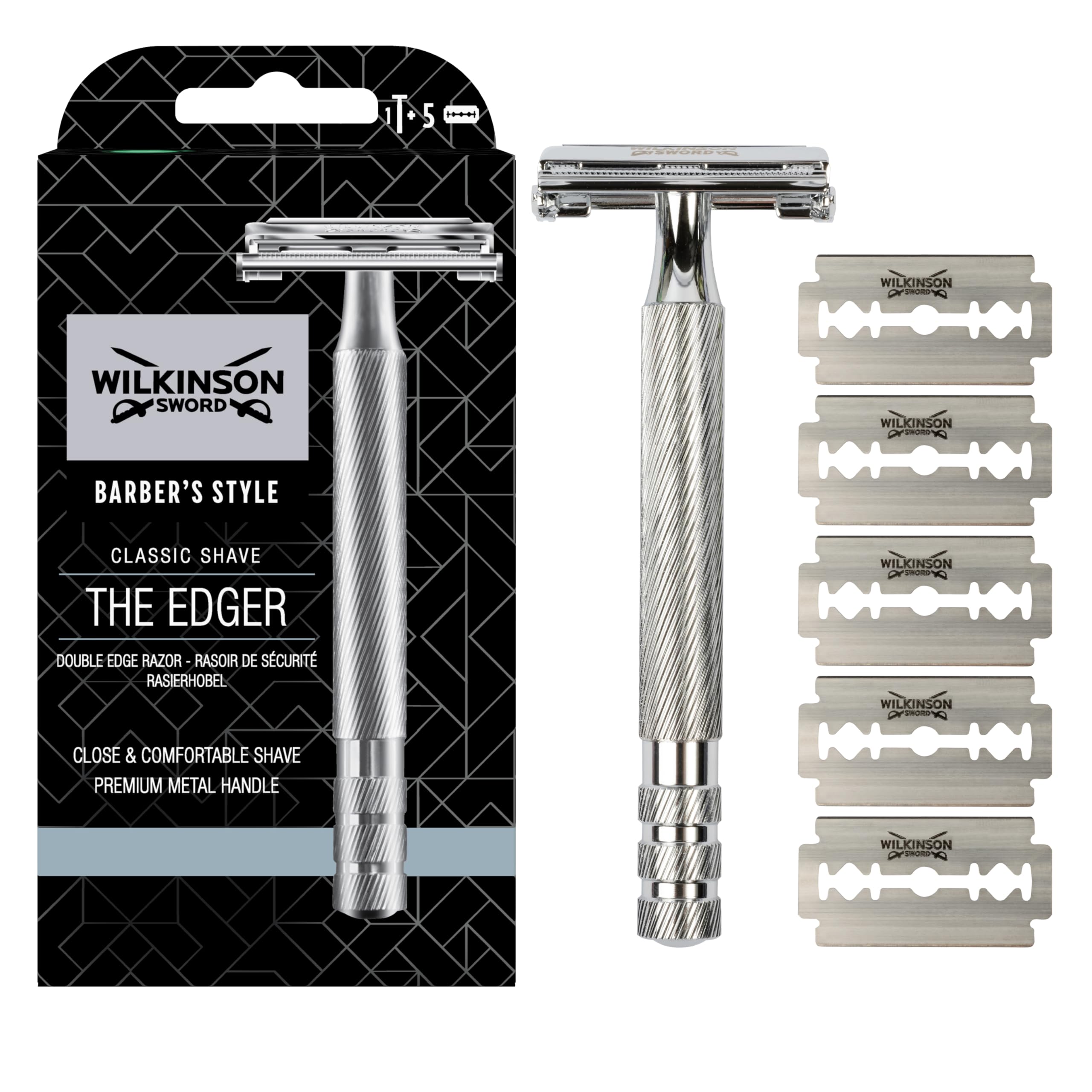 ویلکینسون سورد Safety Razor برای مردان | پریمیم - Safety Razor استیل ضد زنگ | Safety Razor + 5 تیغه ریزه 1 بسته (1 عدد) Safety Razor + 5 تیغه