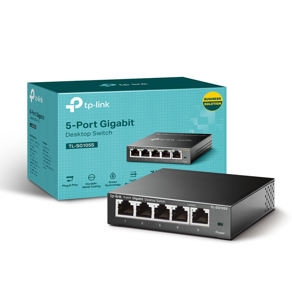 سوئیچ شبکه اترنت 5 پورت TP-Link TL-SG105S، تقسیم‌کننده اترنت، هاب، قابل نصب بر روی دسکتاپ و دیوار، با بدنه فلزی مقاوم، بدون فن، قابل نصب به راحتی، صرفه‌جویی انرژی، 5 پورت گیگابیت|بدنه فلزی