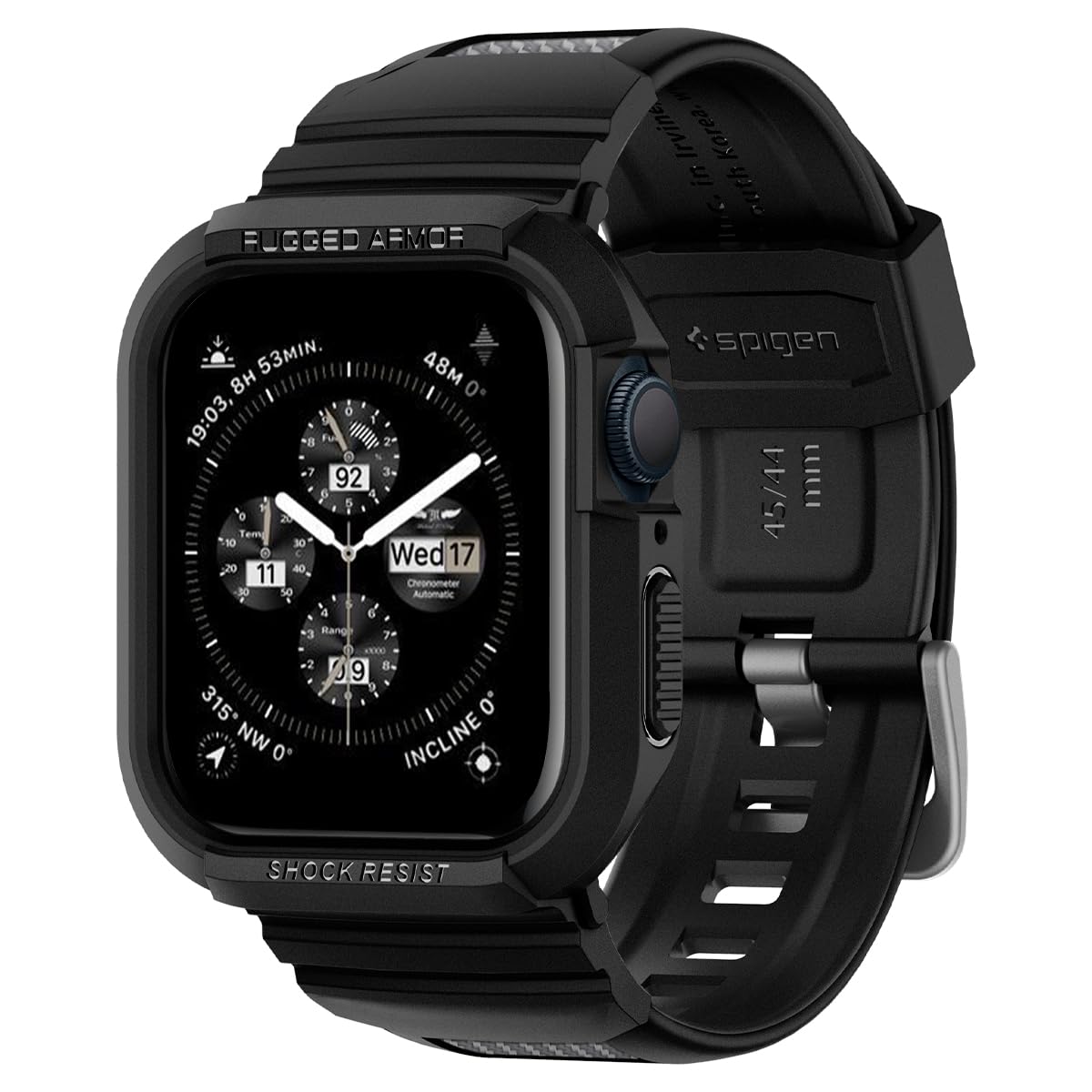 Spigen Rugged Armor PRO برای باند اپل واچ با محافظ برای سری 9/8/7 (45 میلی متر) و سری SE2/6/SE/5/4 (44 میلی متر) در رنگ سیاه طراحی شده است.