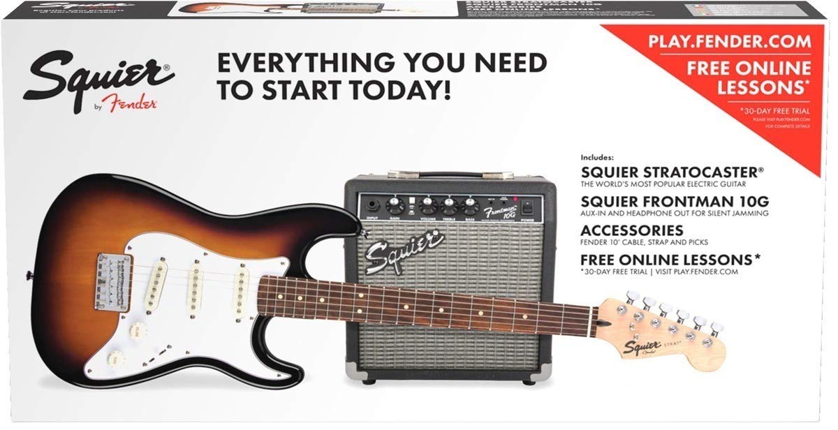 بسته Squier® Stratocaster® توسط Fender®, دسته بندی Laurel، رنگ قهوه ای سانبرست، کیف گیگ، 10G - 230V برای برق انگلیس