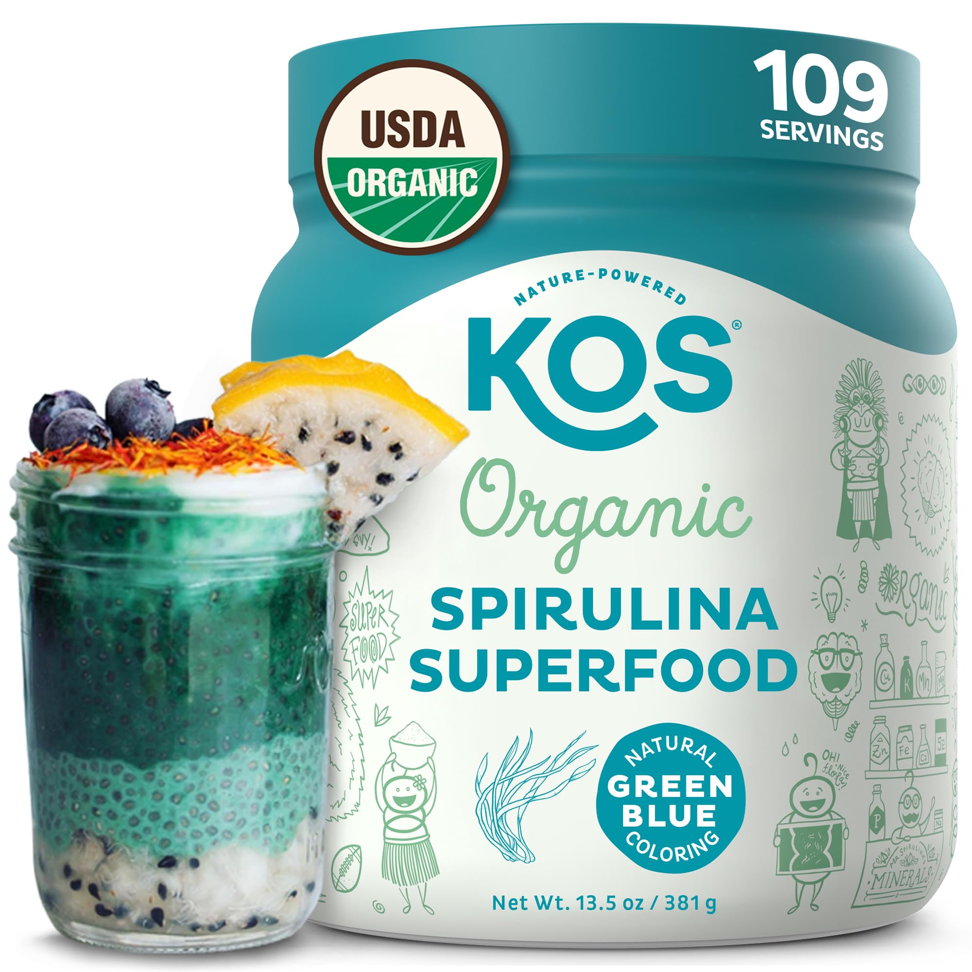 پودر اسپیرولینا ارگانیک KOS - اسپیرولینا آبی سبز خالص و غیر تابشی - غنی از پروتئین، ویتامین ها، آنتی اکسیدان ها، فیبر - پودر غذایی بسیار سبز، 13.5 اونس، 109 پارت قربانی 13.5 اونس (بسته 1 عدد)