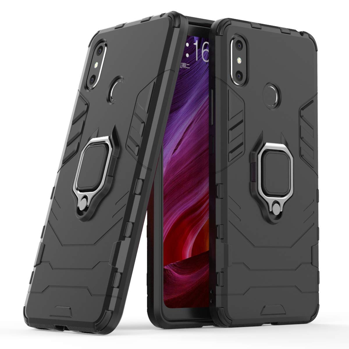 سازگار با Xiaomi Mi Max 3 Case، دسته فلزی حلقه نگهدارنده زنگاری ضدضربه سخت (کار با نگهدارنده مغناطیسی خودرو) روکش دو لایه ضد ضربه برای Xiaomi Max3 (سیاه)