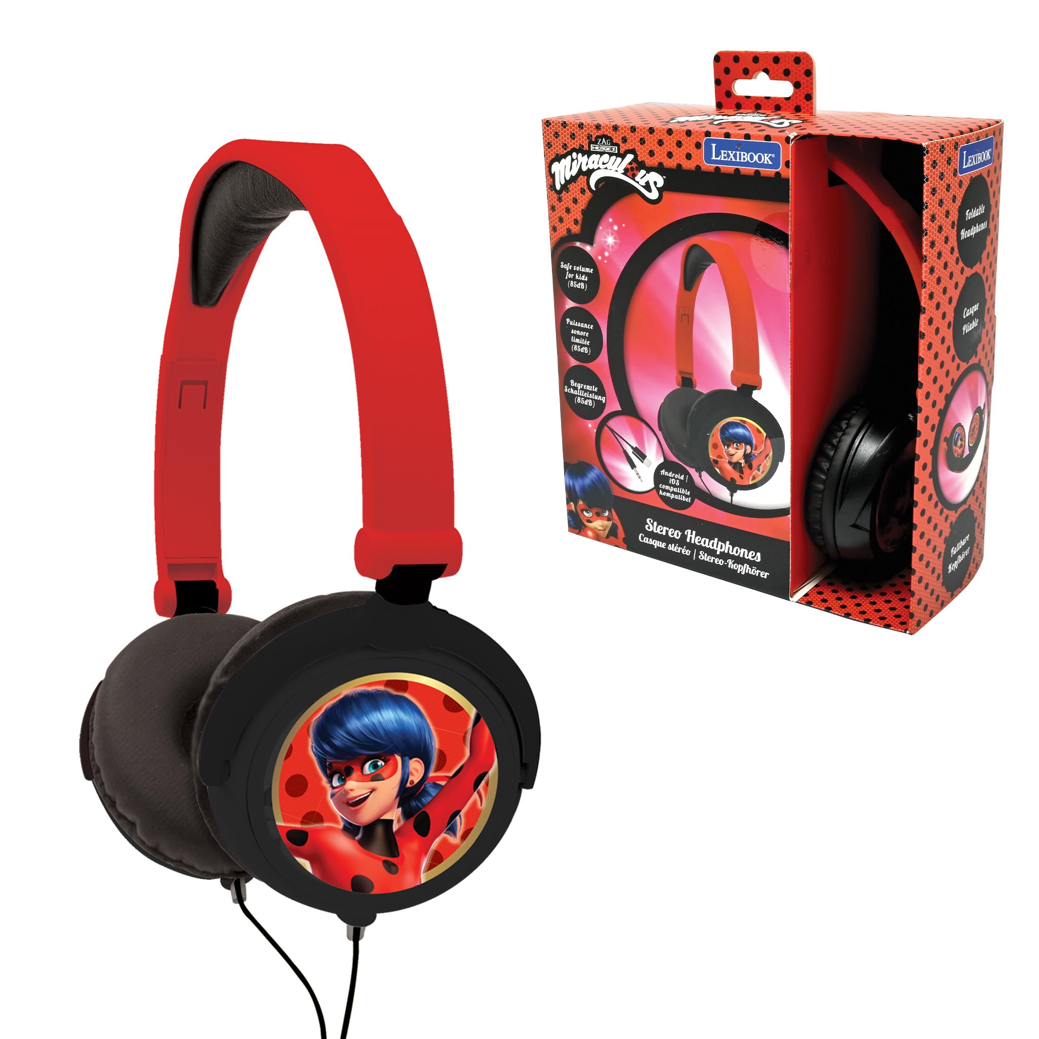 هدفون استریو LEXIBOOK Miraculous Ladybug، حجم ایمن، قابل تاشو و تنظیم، قرمز، HP015MI، بی‌سیم