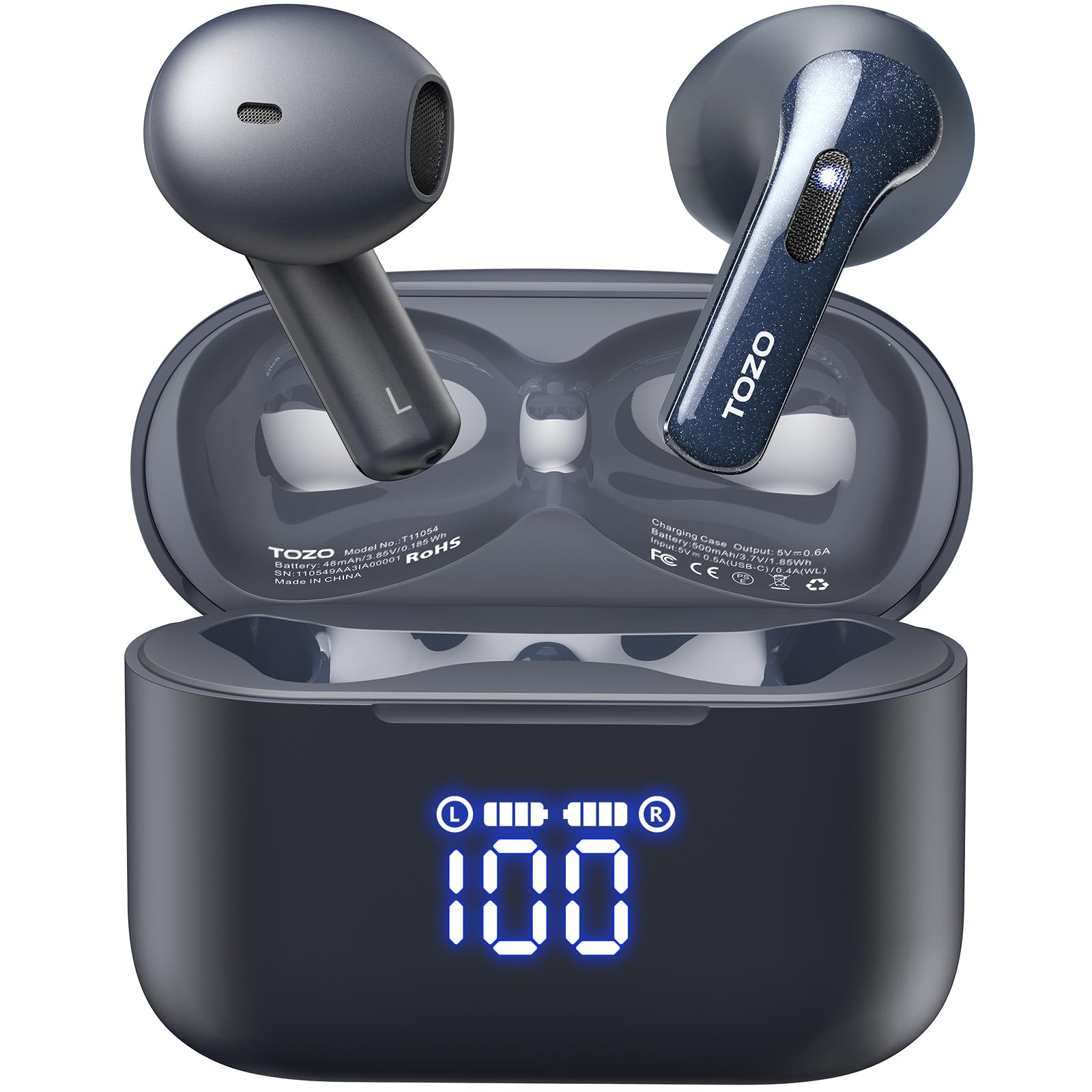 هدفون بلوتوث 5.3 TOZO T21، هدفون بی‌سیم با کیفیت صدای استریو، مقاوم در برابر آب IPX8، با کیفیت صدای استریو 44 ساعت مداومت با نمایشگر قدرت، پوشه شارژ بی‌سیم رنگ آبی