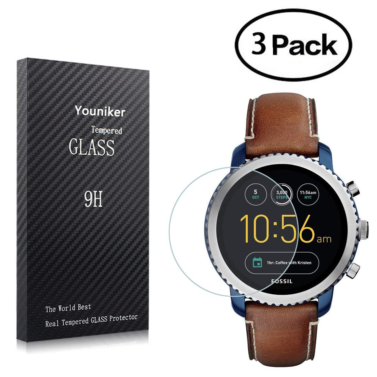 پک ۳ عددی یونیکر برای محافظ صفحه Fossil Q Explorist Gen 3 شیشه‌ای شیشه‌ای محافظ صفحه نمایش Fossil Q Explorist Gen 3 واچ هوشمند محافظ صفحه شیشه‌ها، ۹H ۰.۳MM، ضد خش، بدون حباب