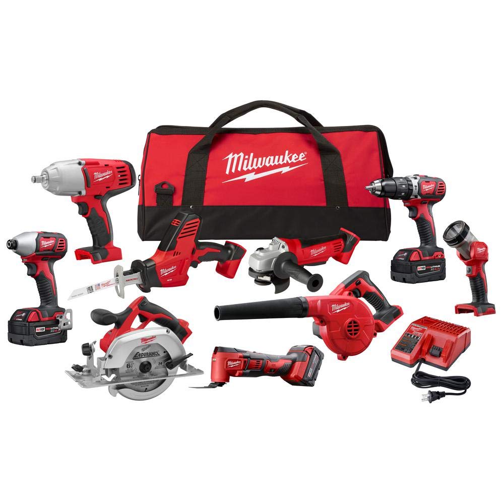 مجموعه ابزارهای بی‌سیم MILWAUKEE M18 18 ولت لیتیوم-یون با 9 ابزار، 3 باتری 4.0 آمپر ساعتی، شارژر و کیف ابزار