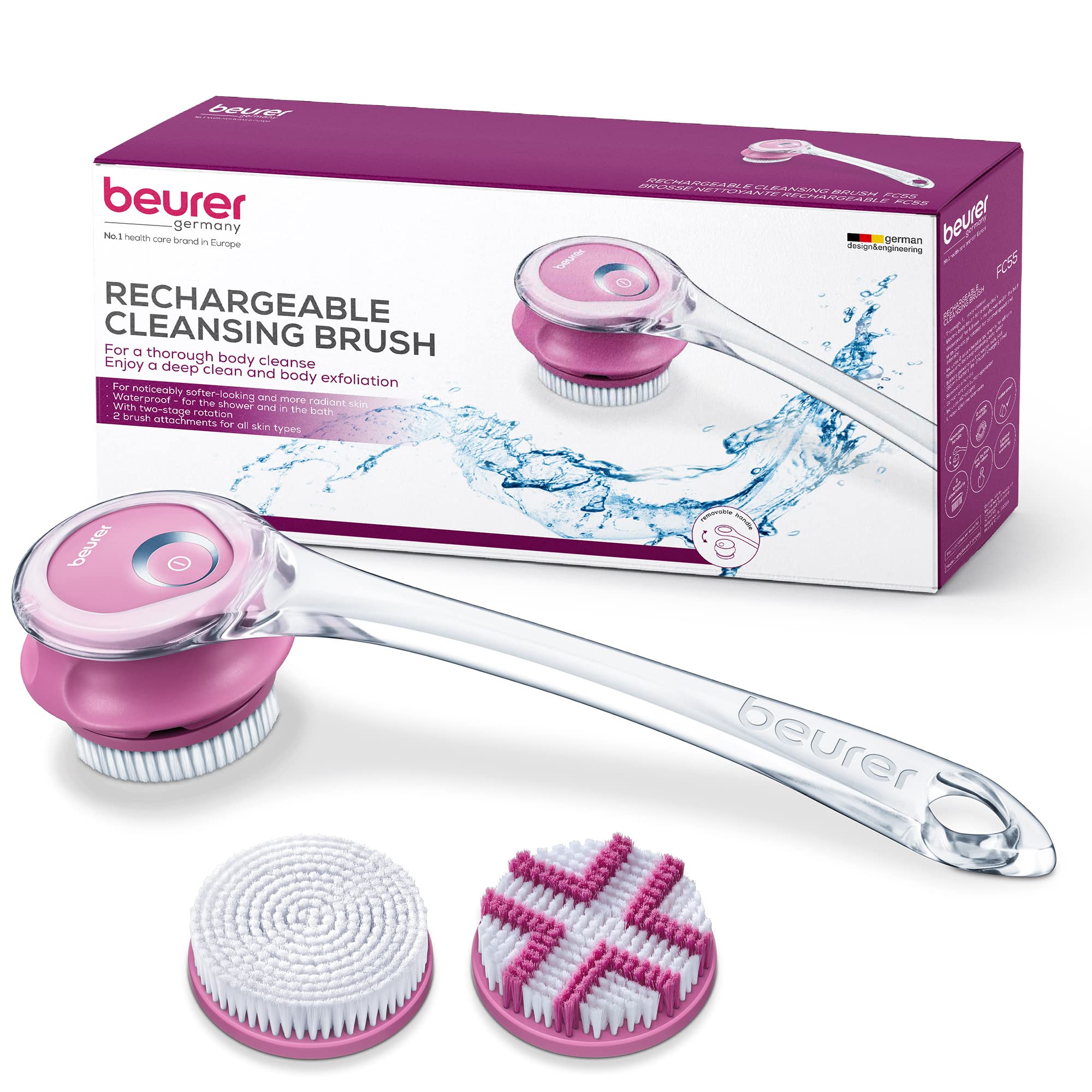 تمرکز سیستم هوشمند به اسکرابر بدن برقی Beurer FC55 برای لایه‌های بیرونی پوست و ماساژ، ضدآب برای حمام، بی‌سیم و شارژی، برس تمیزکننده پوست با 2 پیوسته