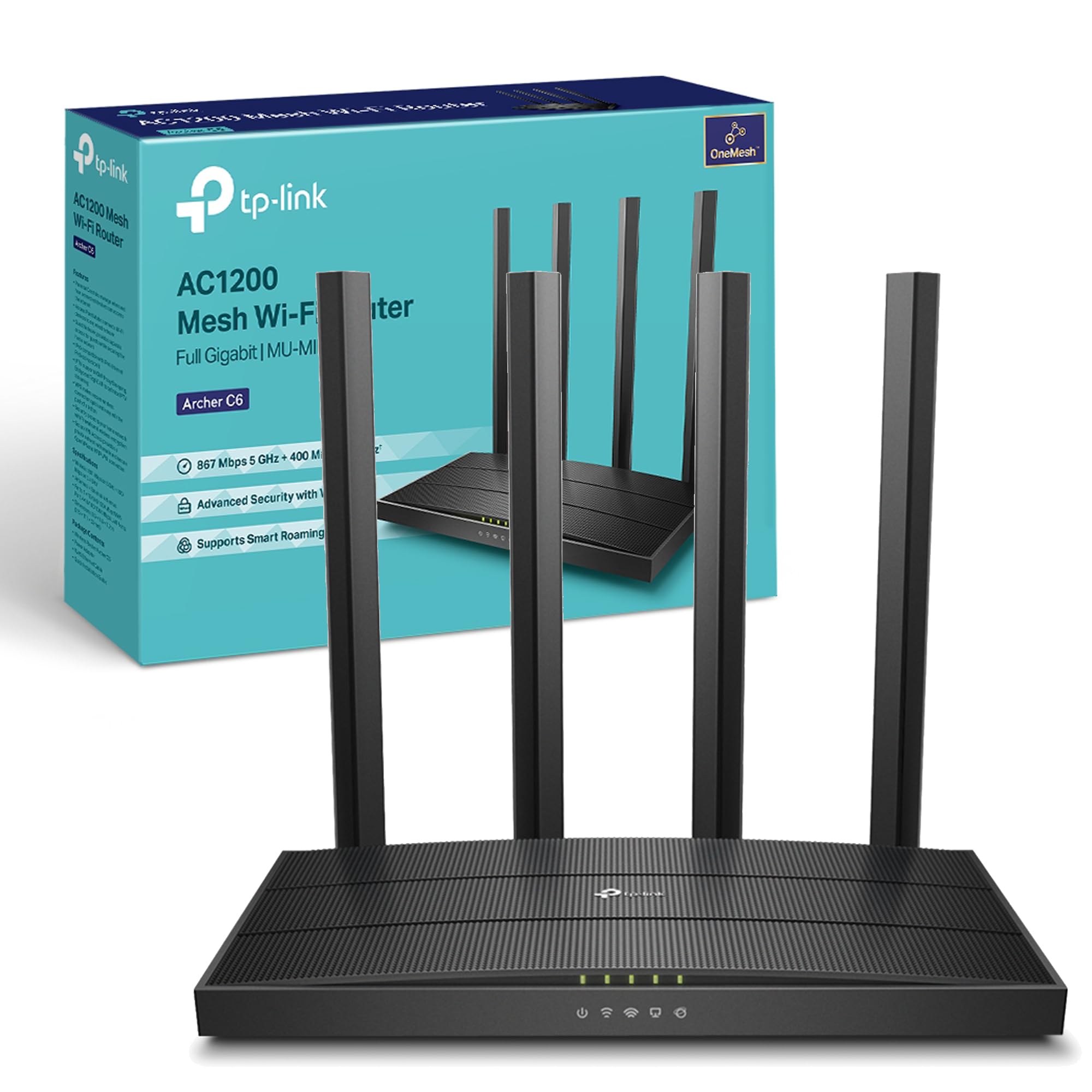 TP-Link AC1200 مودم بی‌سیم دو بانده وای-فای - سرعت تا 867 مگابیت بر ثانیه / 5 گیگاهرتز + 300 مگابیت بر ثانیه / 2.4 گیگاهرتز، 4+1 پورت گیگابیت، پردازنده دو هسته، کنترل والدین، راه‌اندازی آسان (آرچر C6) AC1200 مگابیت گیگابیت