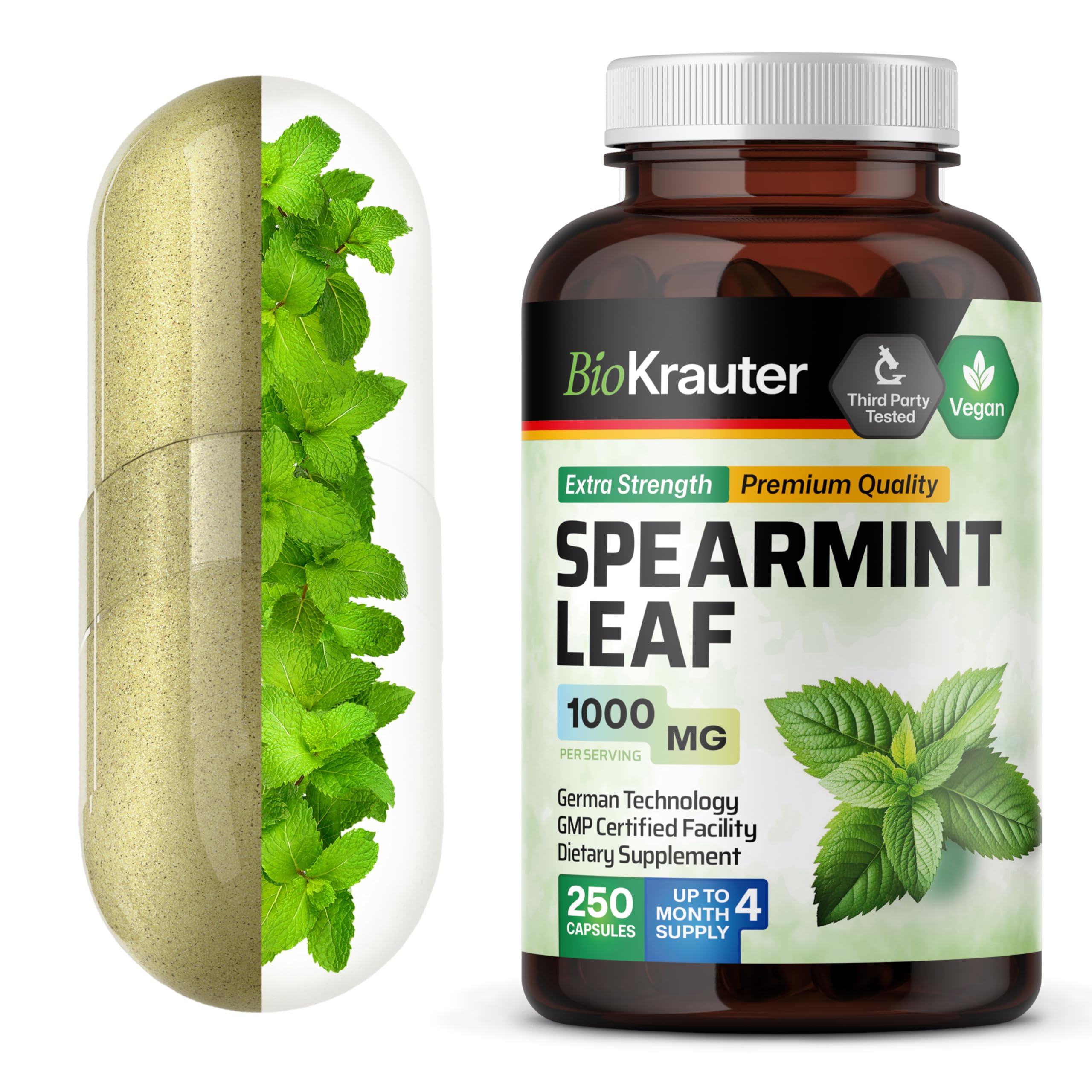کپسول های تازه هوای بهتر - مکمل نعناع برای سلامت گوارش و کاهش استرس - ارگانیک Mentha Spicata 1000 میلی گرم - 250 عدد کپسول گیاهی - قرص های نعنای بدون پر کننده