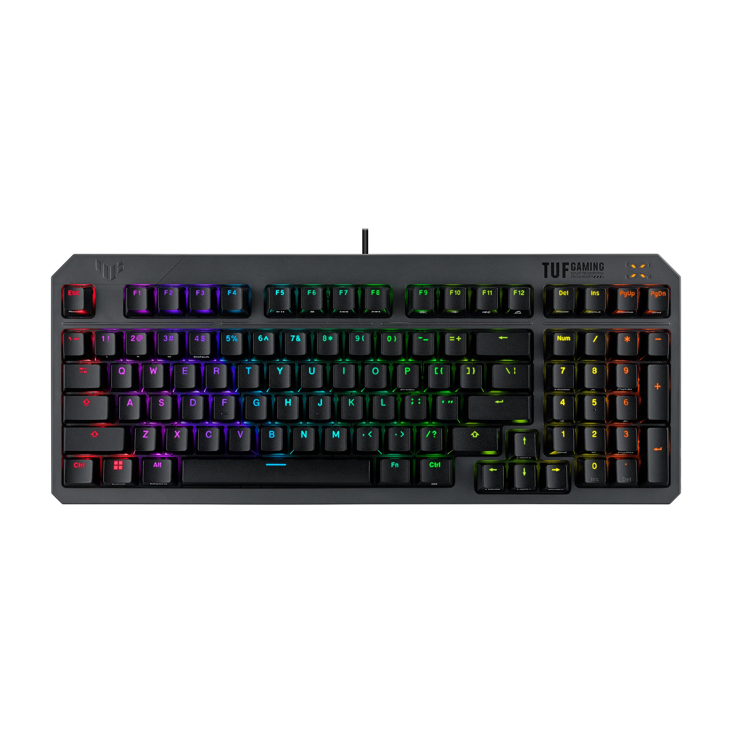 صفحه کلید ASUS TUF Gaming K3 Gen II با طراحی کوچک با ۹۷ کلید، سوییچ‌های RGB نوری-مکانیکی، نصب گوه‌دار سیلیکونی، جاذب صدا، ضدآب در استاندارد IP57، پلاک بالای قابل جداشدن، طرح AR