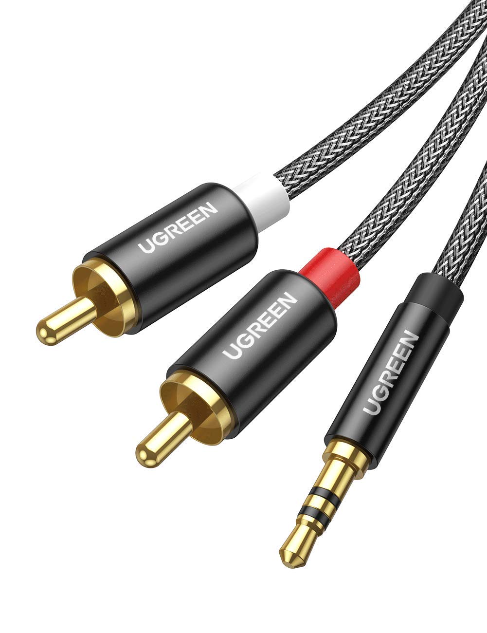 کابل صوتی UGREEN RCA به 3.5 میلی‌متر، 1 متر، 2 RCA مرد به 3.5 میلی‌متر (1/8 اینچ) مرد جک استریو فونو Y Splitter با روکش نایلون بافته شده، برای کنترلر DJ، Dolby Digital، DTS، اسپیکر، پورت gold-plated، رنگ مشکی