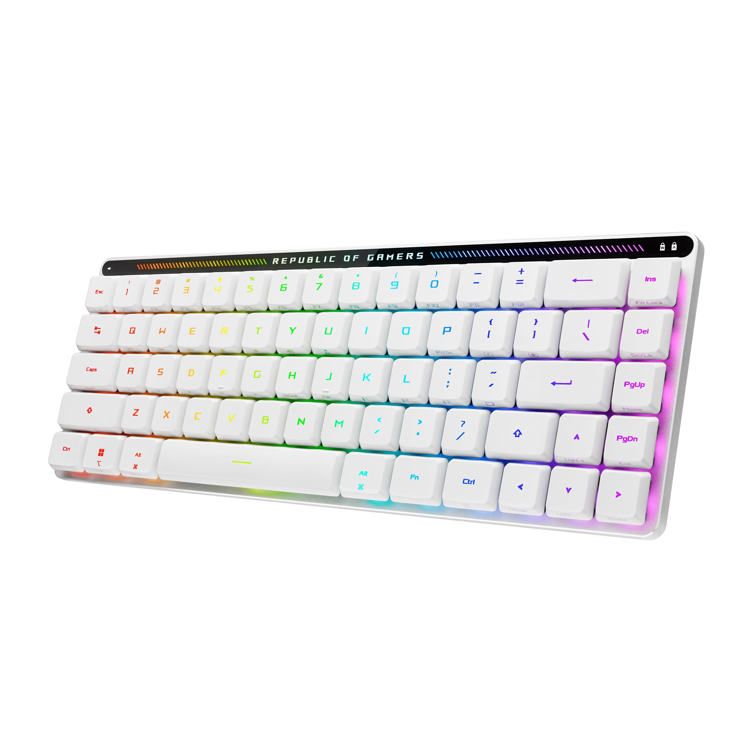 صفحه کلید بازی بی‌سیم کوچک ASUS ROG Falchion RX Low Profile 65%، سوئیچ‌های نوری با پروفیل کم ROG RX Red Pre-lubed، فوم سیلیکونی جذب‌کننده، کی‌کپ‌های ABS، طراحی AR، رنگ سفید