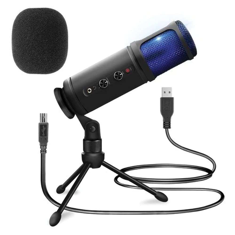 میکروفون Plug and Play USB - میکروفون قابل حمل حرفه ای با کاندنسر صدا برای ضبط صدا دسک با قابلیت تنظیم گین، جک هدفون، کنترل سکوت، ایستگاه سه‌پایه برای پادکست، استریمینگ یوتیوب و بازی در رایانه‌های شخصی - قاب پلاستیکی Pyle PDMIUSB50