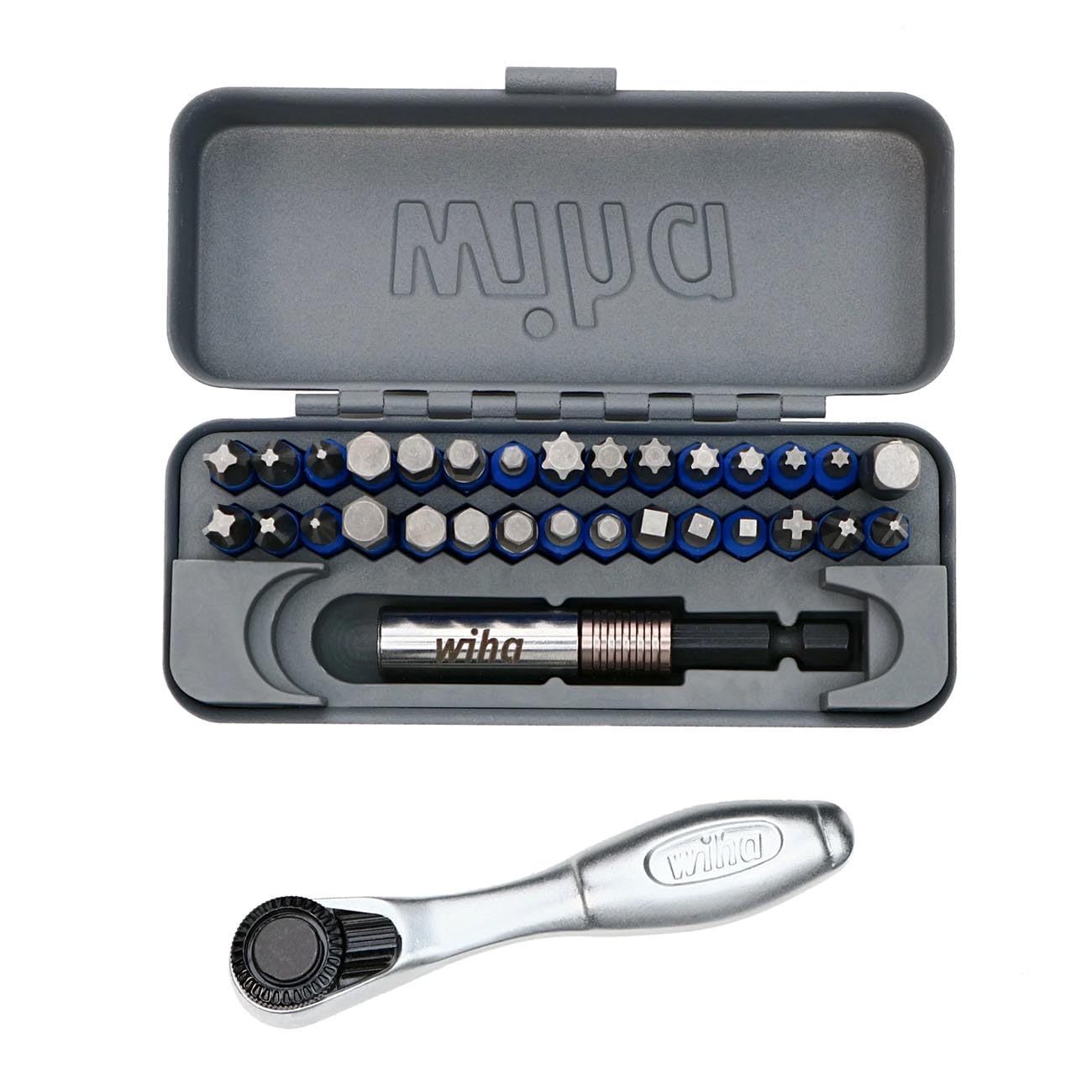 مجموعه بیت ترمینیتور آبی Wiha 76889 32 تکه GoBox با مینی رتچت، سایز یک DRIVE Bit Set