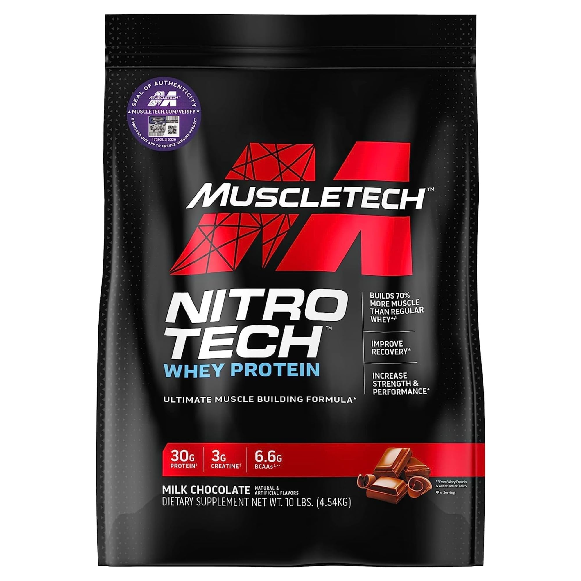 مکمل سازماندهی عضلات نهایی پروتئین وی ماهیچه ای Muscletech NitroTech با ترکیب منحصر به فرد ایزوله پروتئین و پپتیدها - 30g پروتئین، 3g کراتین و 6.8g اسیدهای آمینه BCAAs، طعم شکلات شیری، 10.00 پوند شکلات شیری 10 پوند